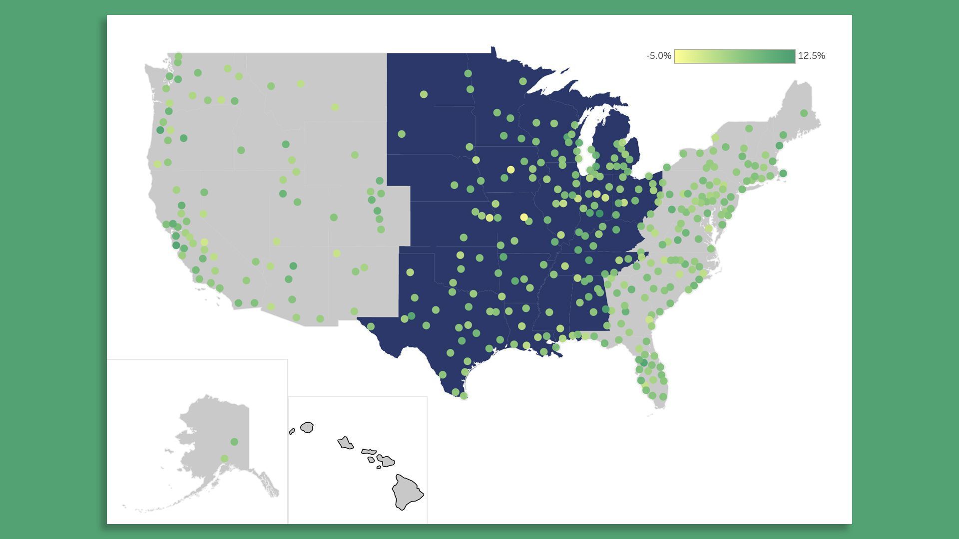 A map of America with plot points of cities' growth over the past decade. 