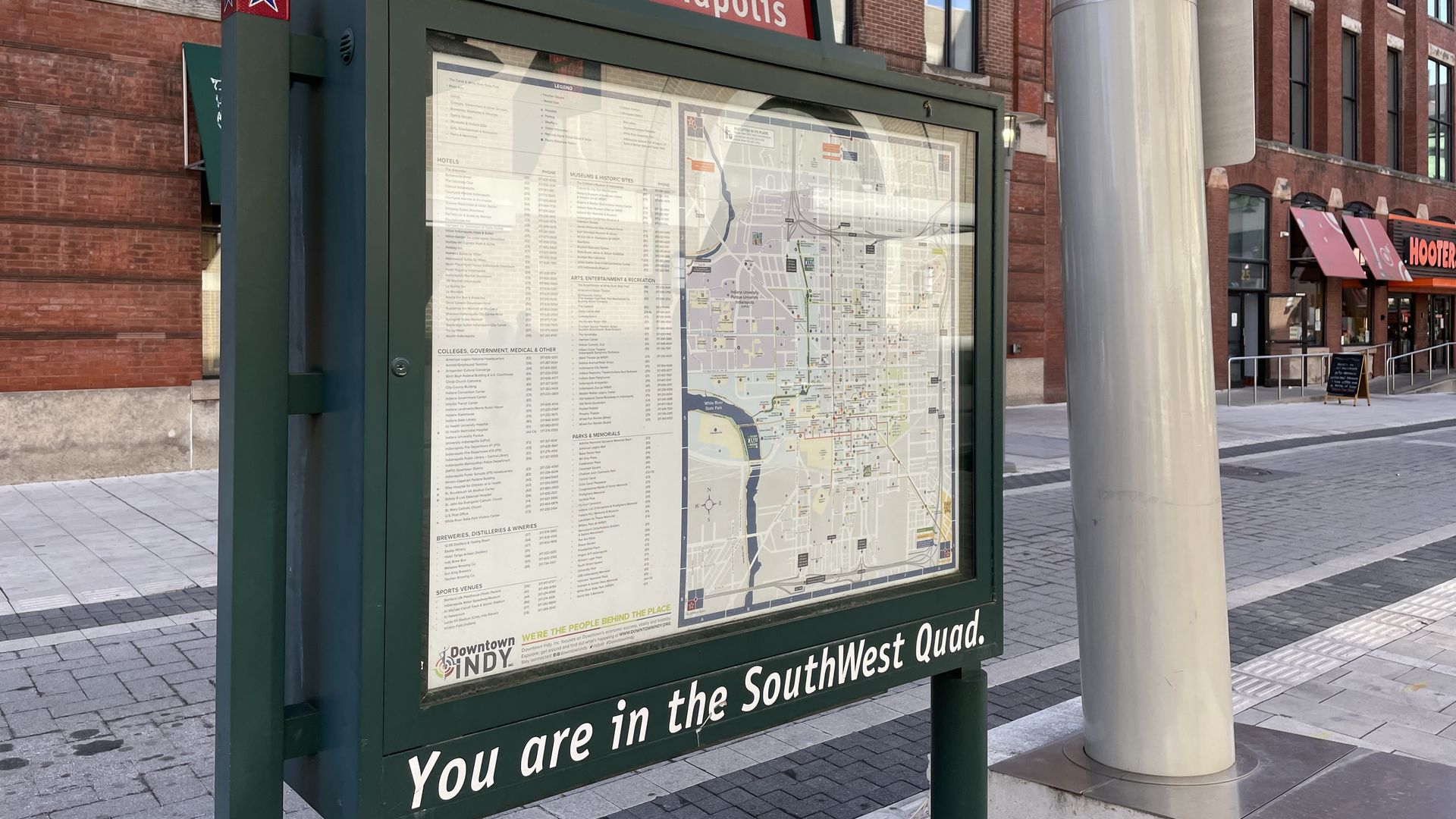A sign with a map of Indianapolis tells passersby, "You are in the SouthWest Quad."