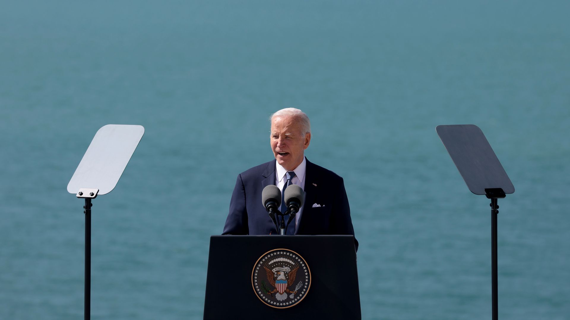 Joe Biden delivers a speech at Pointe du Hoc, where U.S. Army Rangers scaled cliffs over 100 feet high on D-Day to destroy a heavily fortified German position, on June 7,