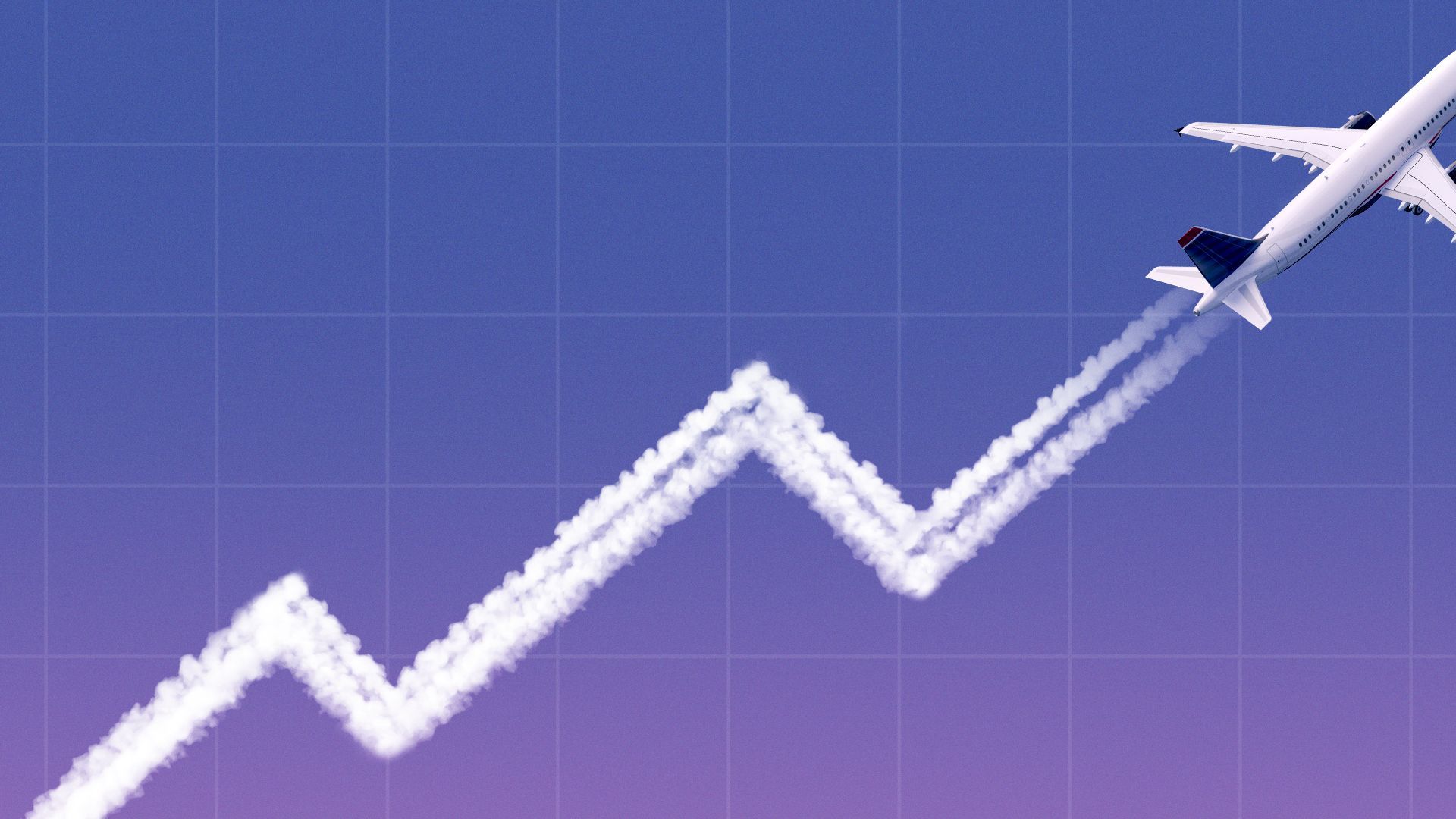 Illustration of a plane with contrails forming an upwards trend line.