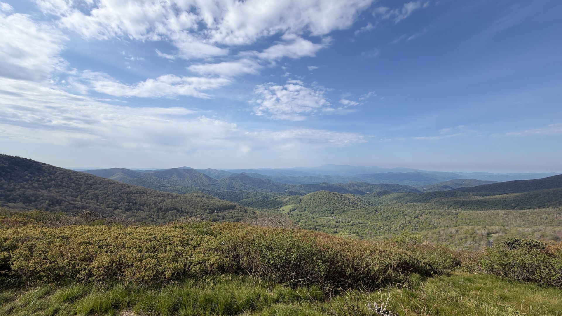 Panoramic hillside view: layered green mountains under a clear blue sky with fluffy white clouds. Foreground shrubs and tall grass frame the lower edge.