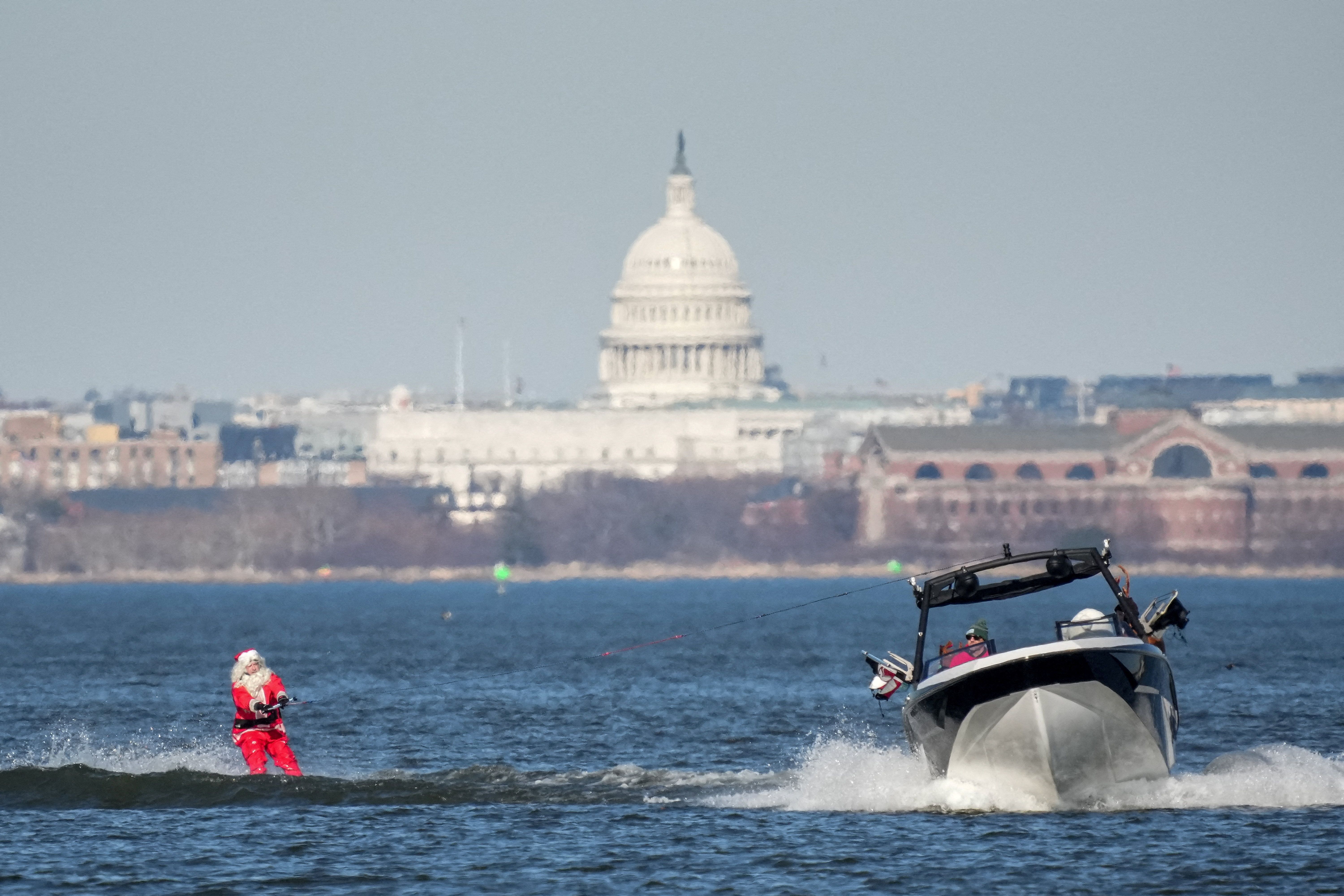 An annual Christmas Eve performance by the "Waterskiing Santa" along the Old Town Alexandria waterfront in Virginia.