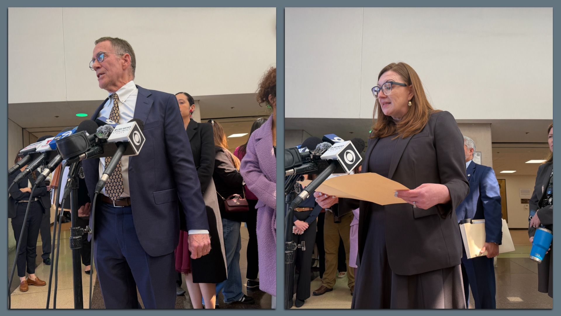 Split image of a press conference: left shows a man in a navy suit speaking into microphones; right shows a woman in a dark blazer holding papers at a microphone.