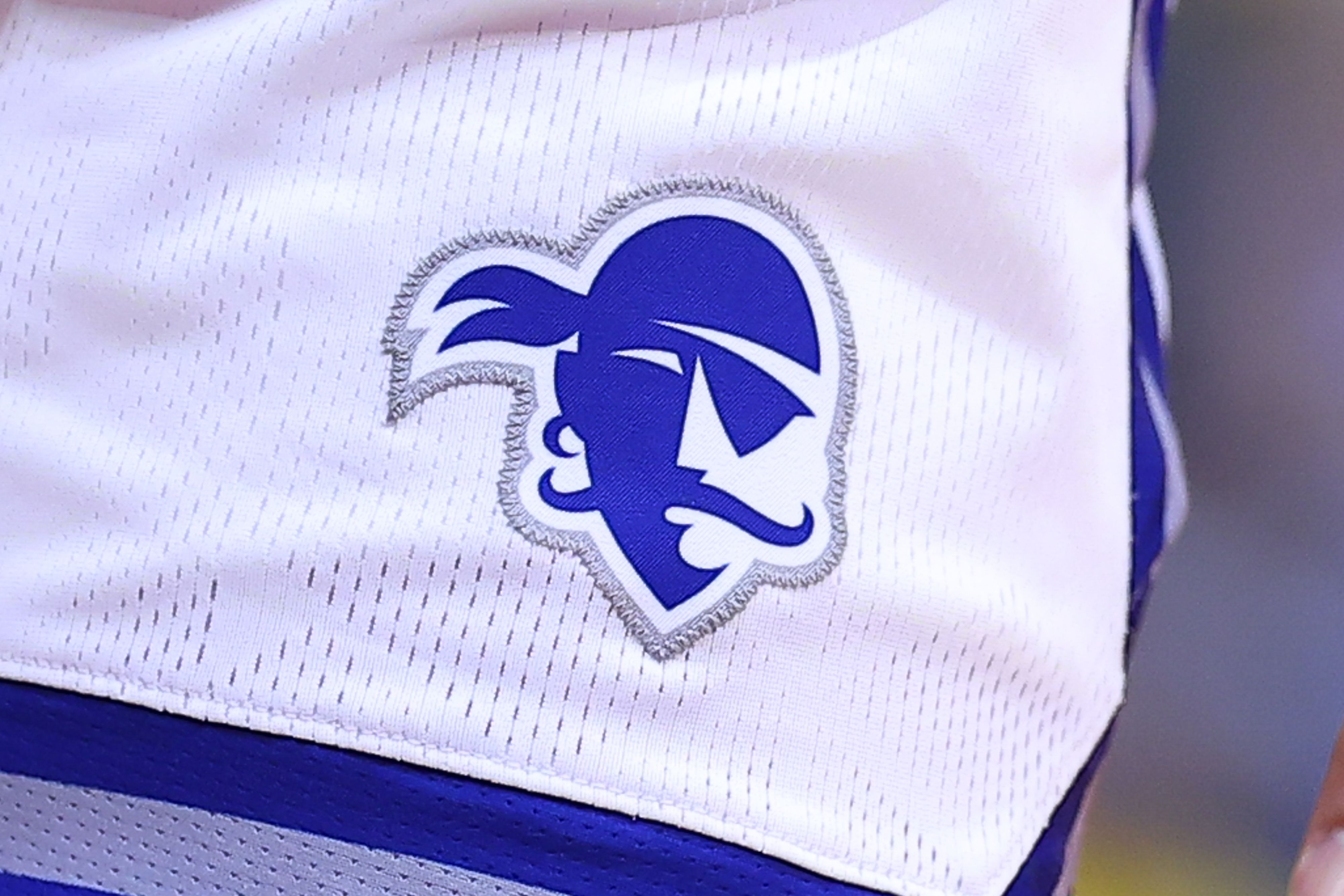 Photo of a pair of shorts, with a emblem of a pirate on them. 