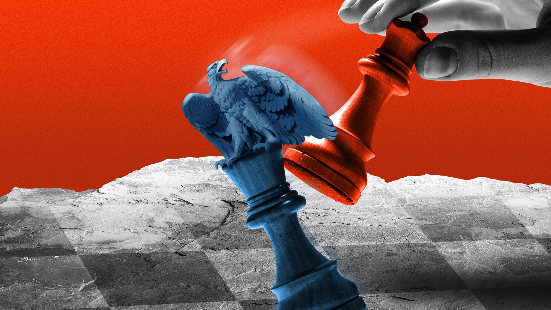 Illustration of a chess piece with an eagle on top being knocked over onto a chess board made of mineral stone