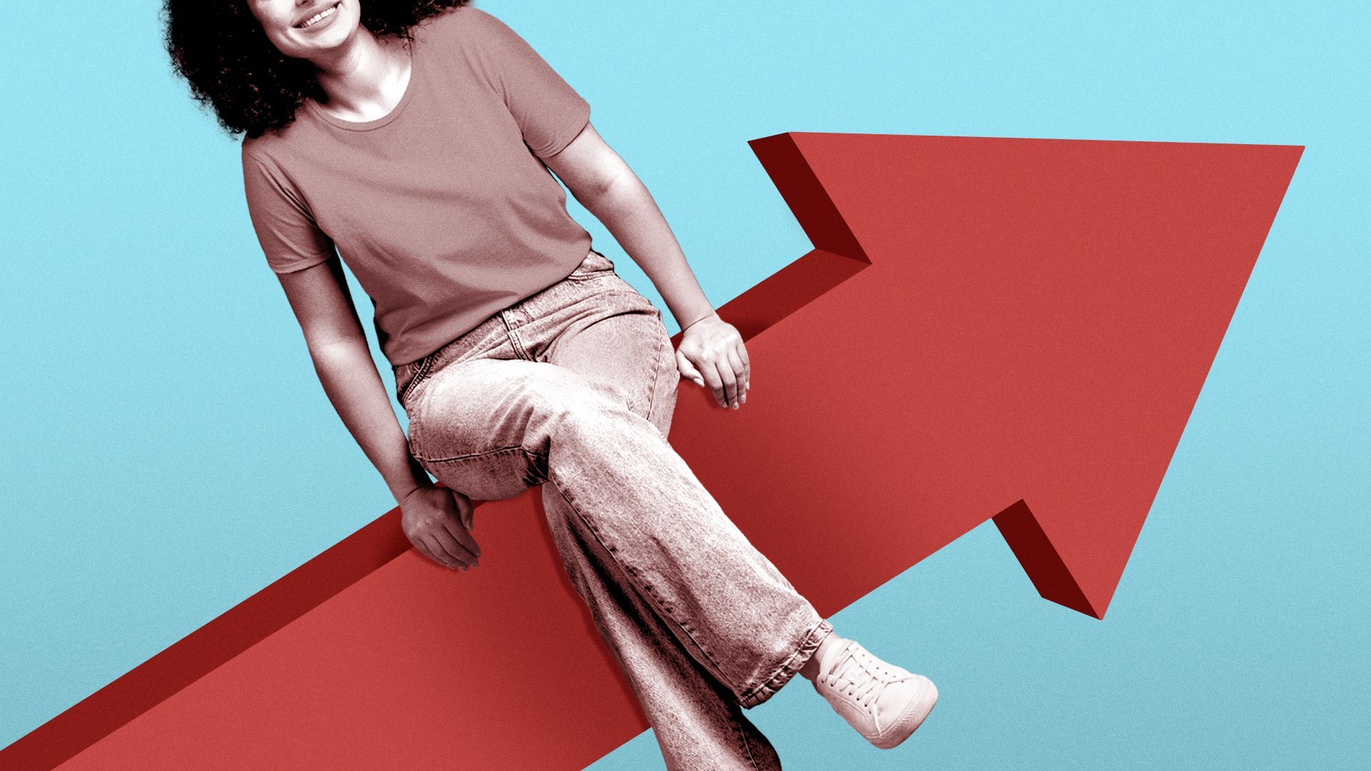 Illustration of a smiling person sitting on an upward trending arrow.