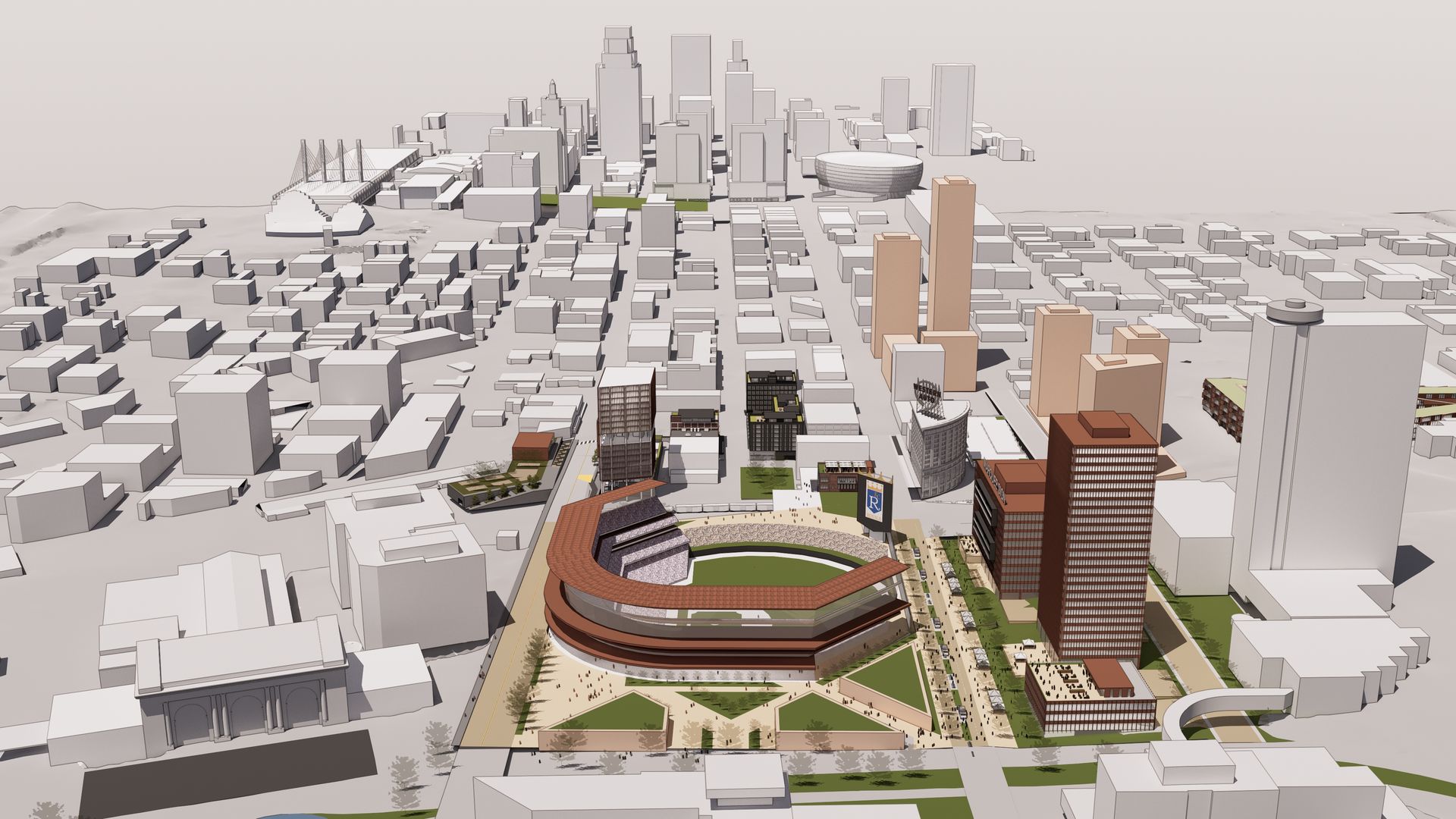 3D architectural model of a city with a central large stadium, surrounding buildings in gray, brown, and beige, green patches of grass, and various high-rise structures in the background.