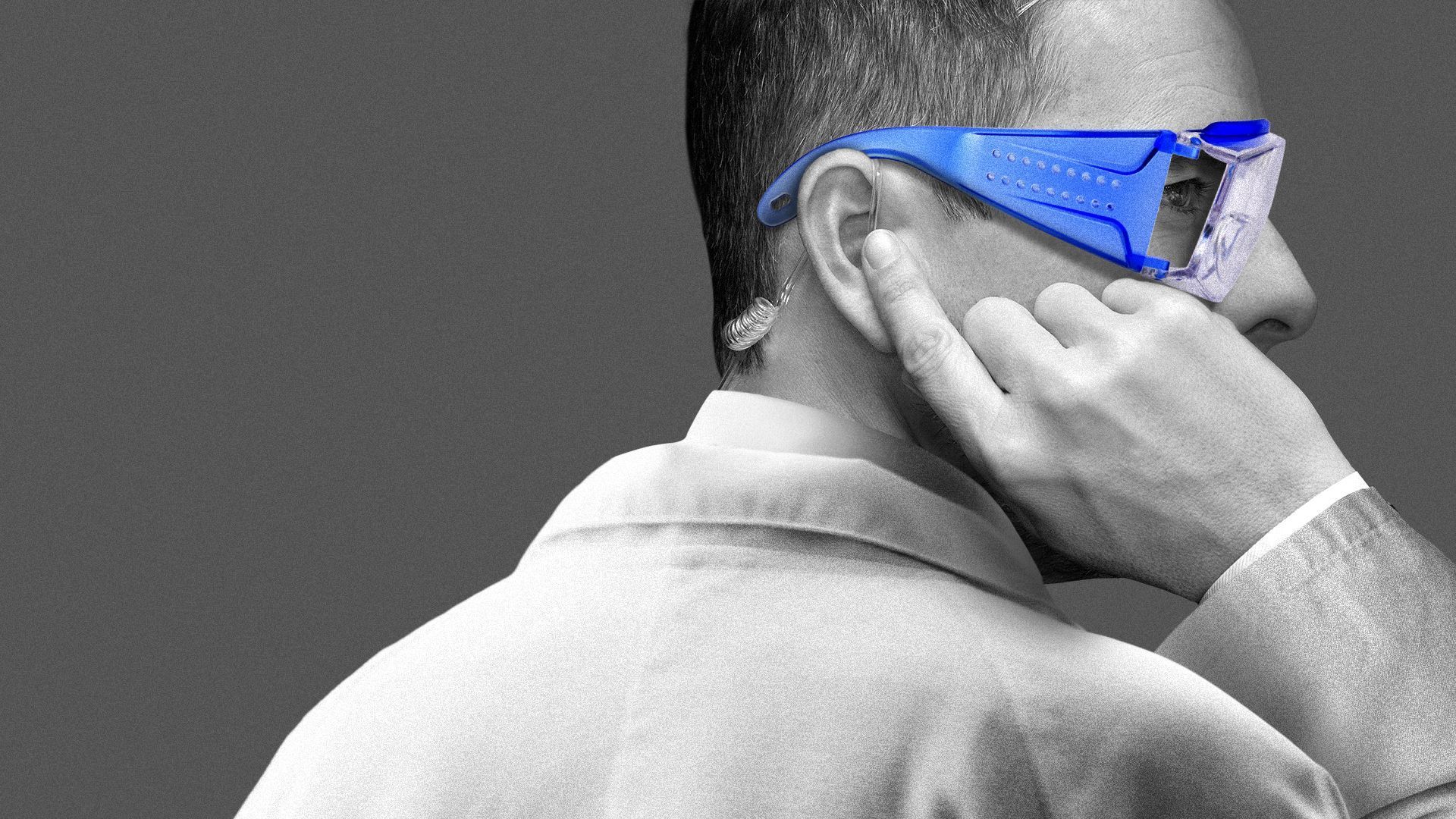 Photo illustration of a man wearing safety goggles and security earpiece