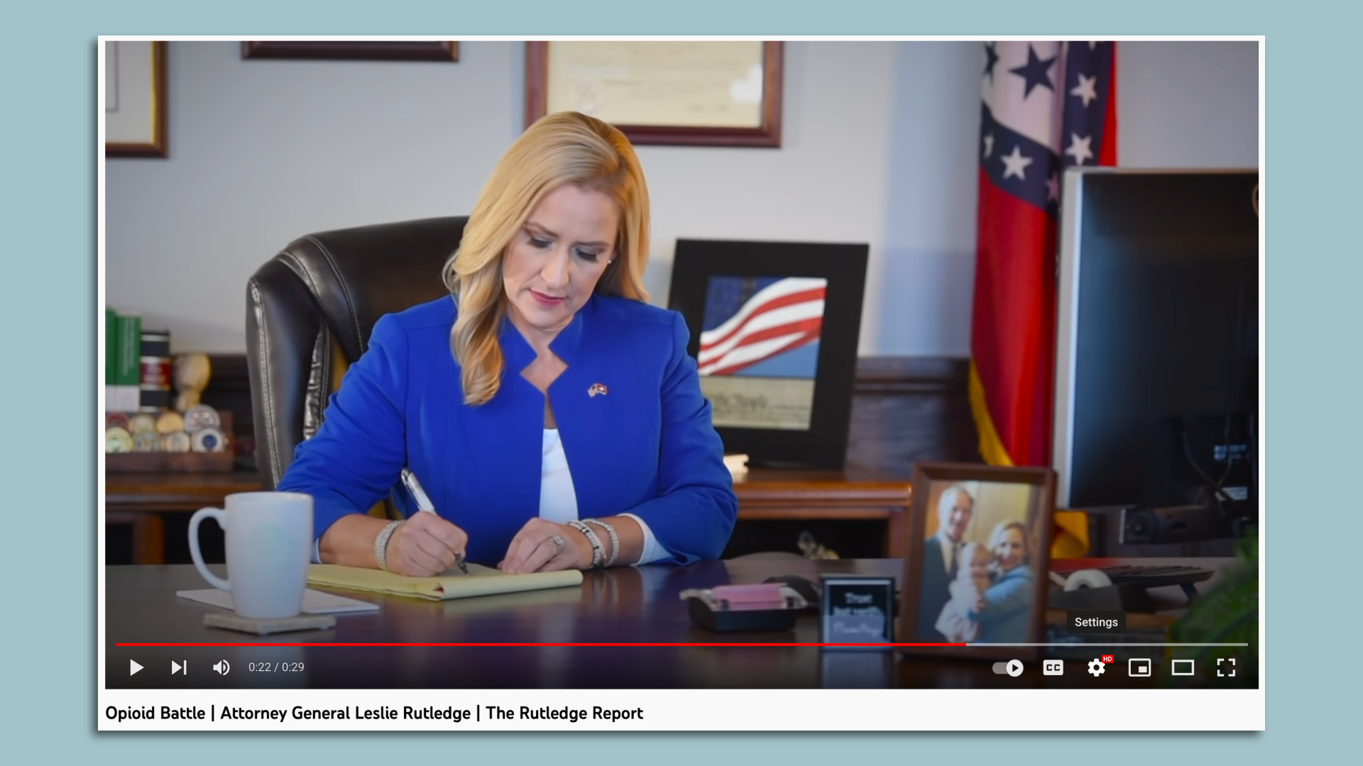 A screenshot of Arkansas Attorney General Leslie Rutledge in a TV commercial.