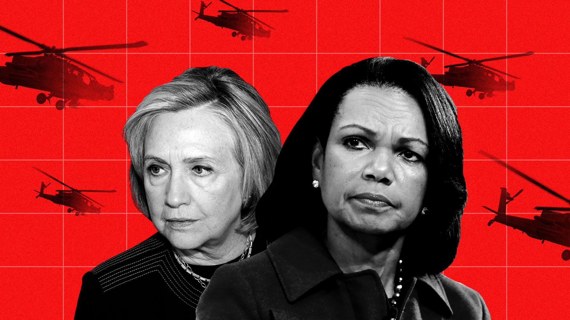 Photo illustration of Hillary Clinton and Condoleeza Rice with apache helicopters in the background
