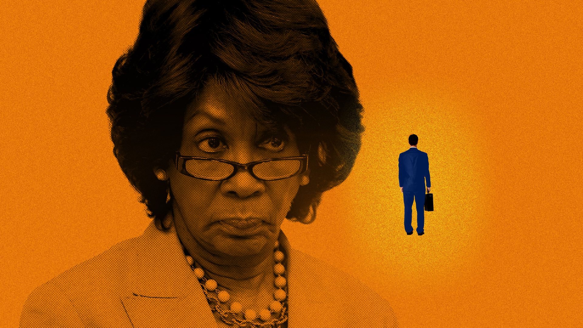 Illustration of Maxine Waters looking at a banker