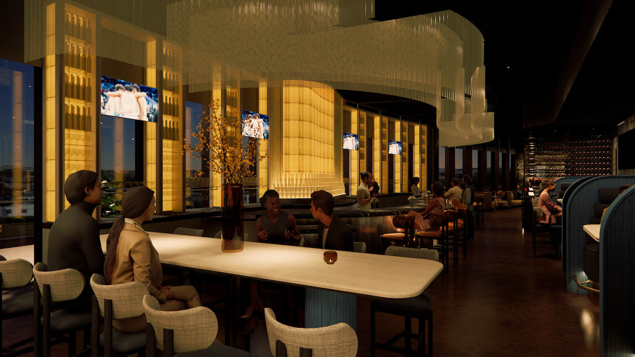 Modern upscale bar with warm golden lights, curved translucent ceiling decor, groups of people seated and conversing, multiple TVs showing a sports game, and a wine display on the right.