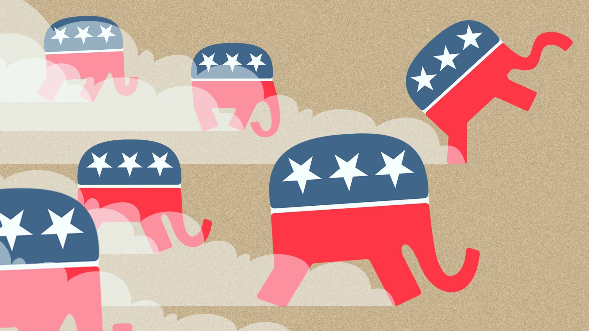 Illustration of several versions of the elephant from the Republican Party logo stampeding and kicking up dust.