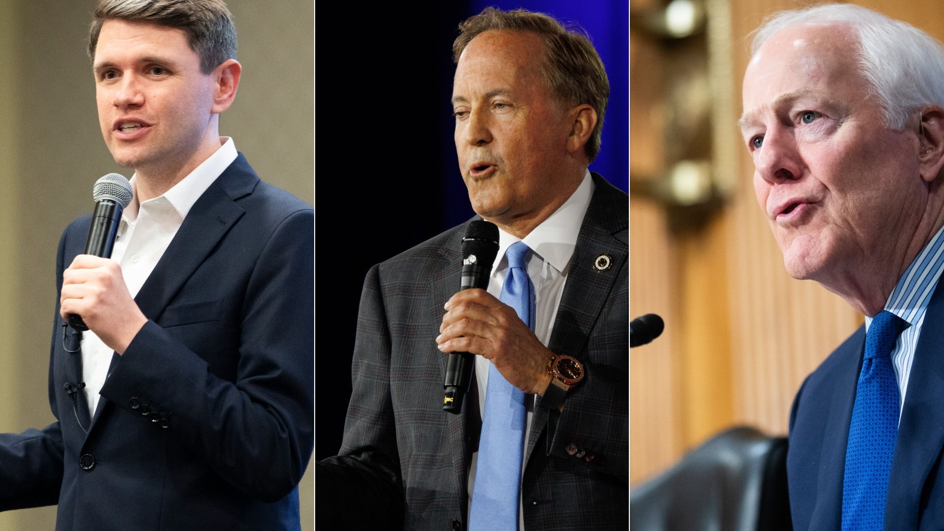 Three-panel image of men in suits speaking into microphones: left is a young man, center a man with a blue tie, right an older man with white hair.