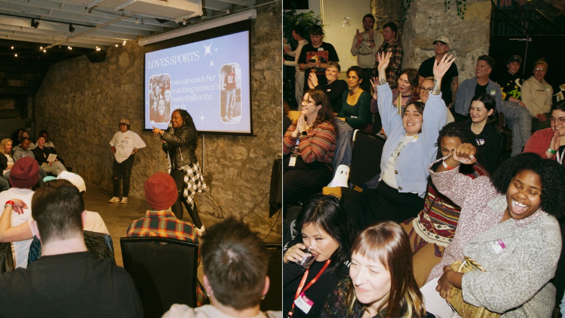 Split image of an indoor event: left shows a speaker by a projector screen reading "LOVES SPORTS" in a stone-walled room; right shows a cheering audience with raised hands and smiles.
