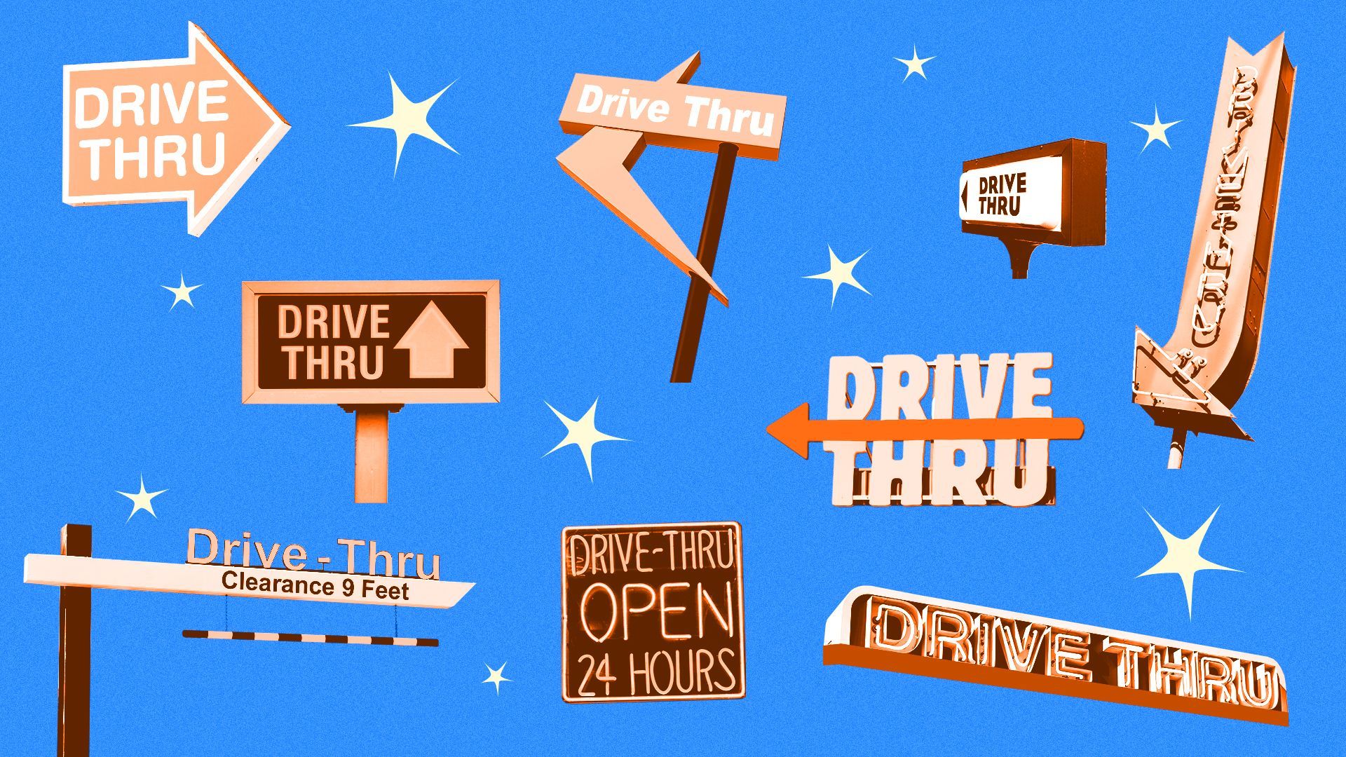 Illustration of a pattern of drive-through signs and retro star graphics