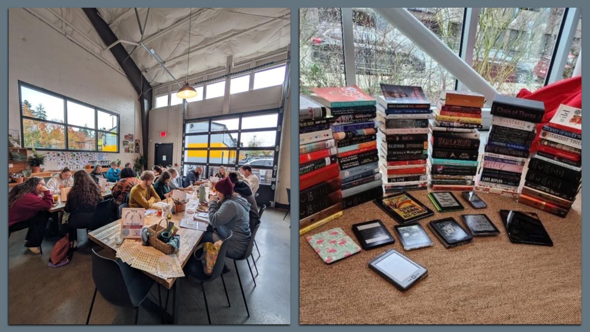 Two photos side by side with one showing people reading silently and the other showing a stack of books. 