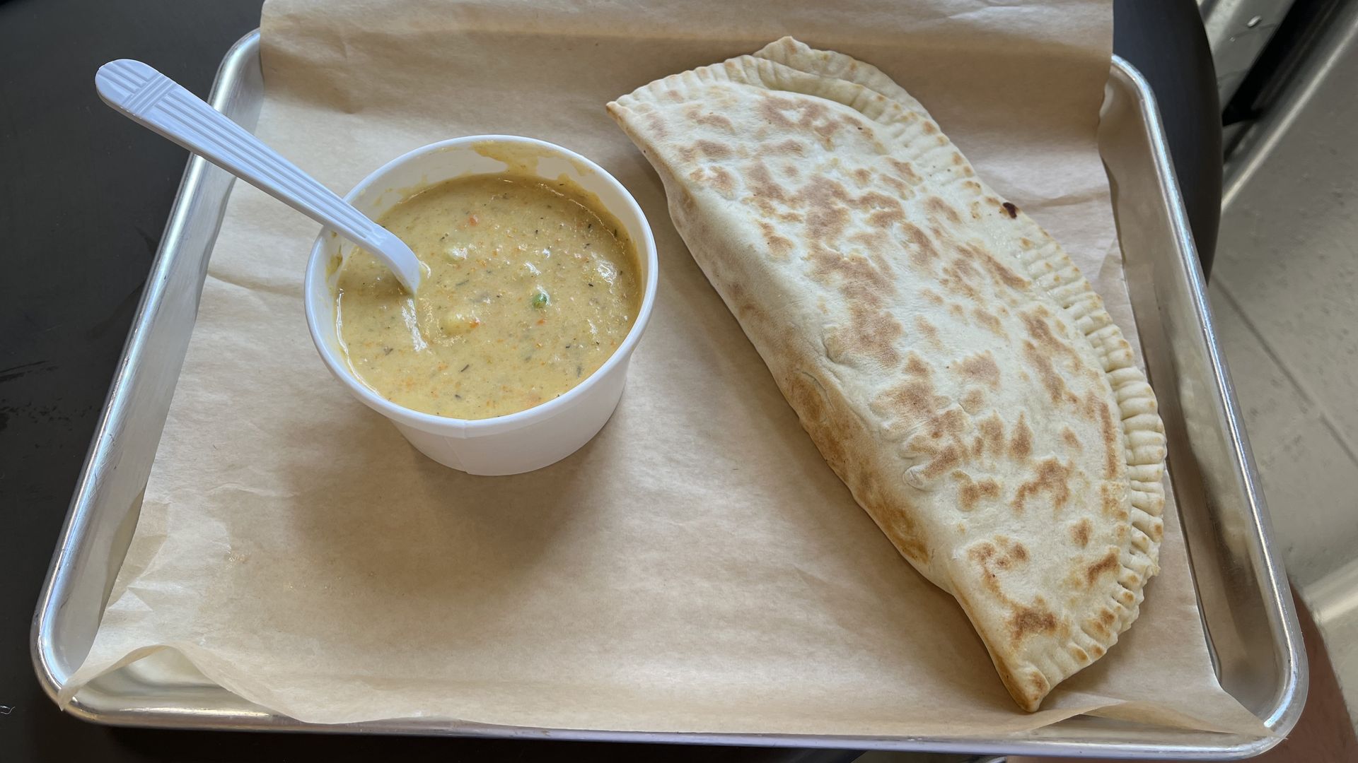 The steak and veggie "cascione" and potato and dill soup at Luisa's Artisanal Street Food in Ferndale.