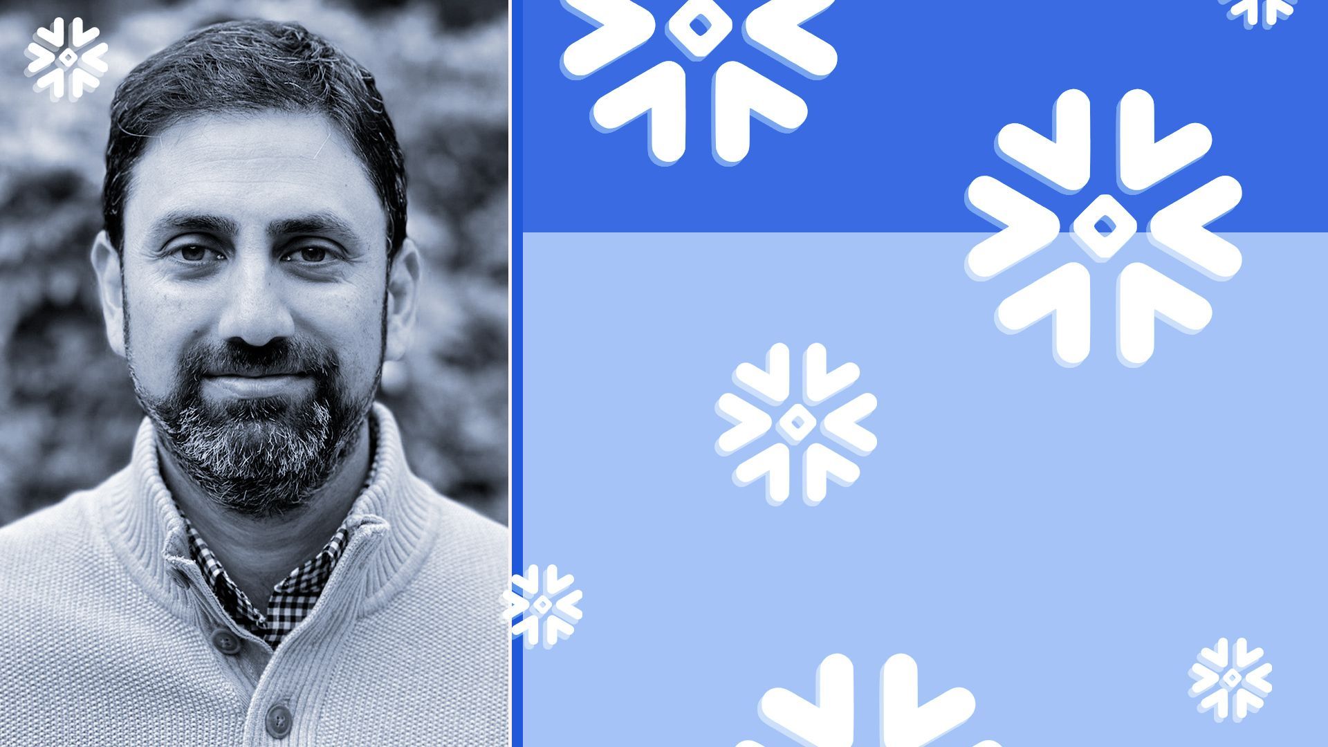 Photo illustration of Harsha Kapre, Director at Snowflake Ventures, surrounded by the Snowflake Ventures logo stylized as falling snow.