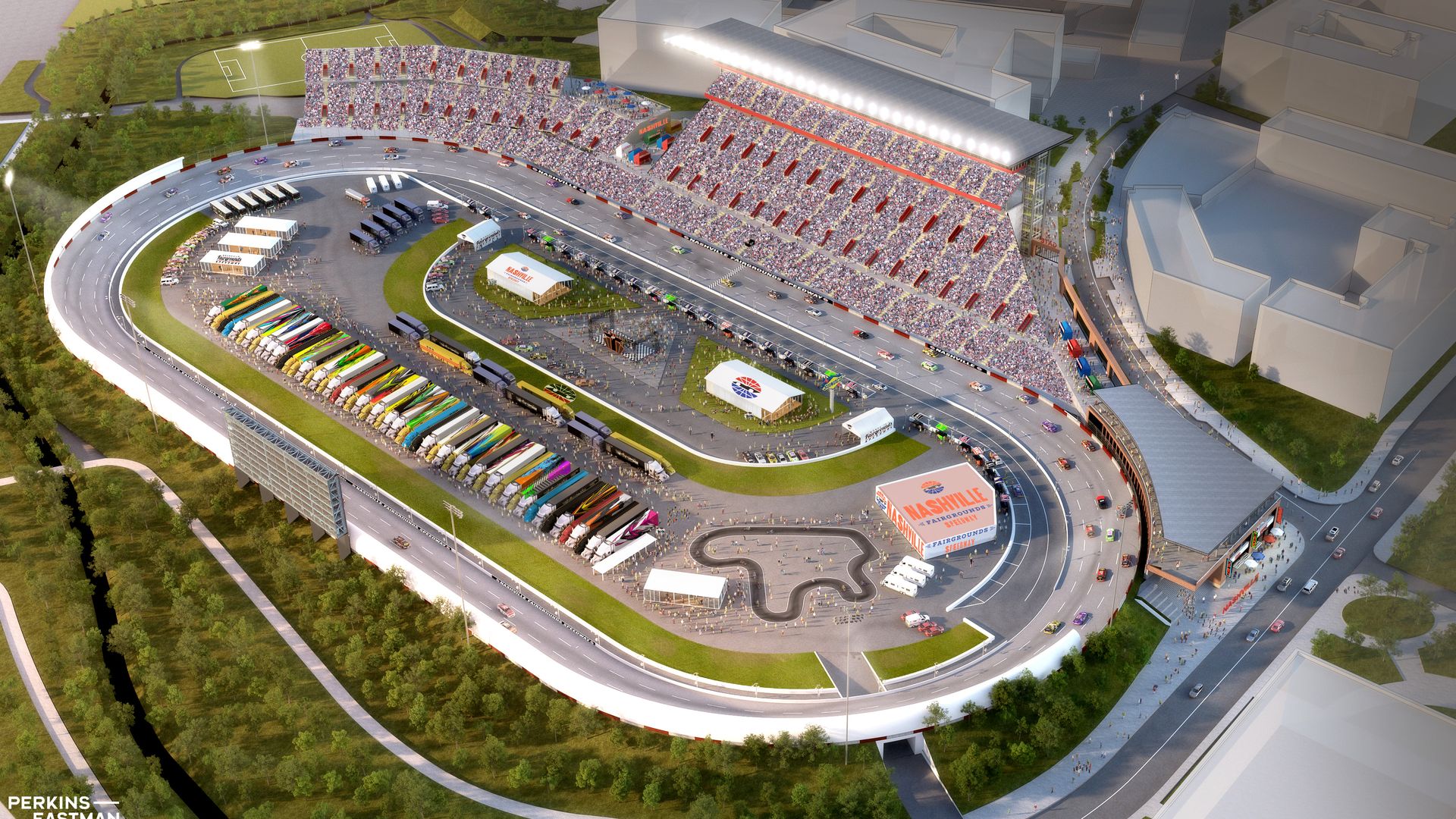 An aerial image showing proposed renovations to the Nashville racetrack, with stands that can accommodate thousands.