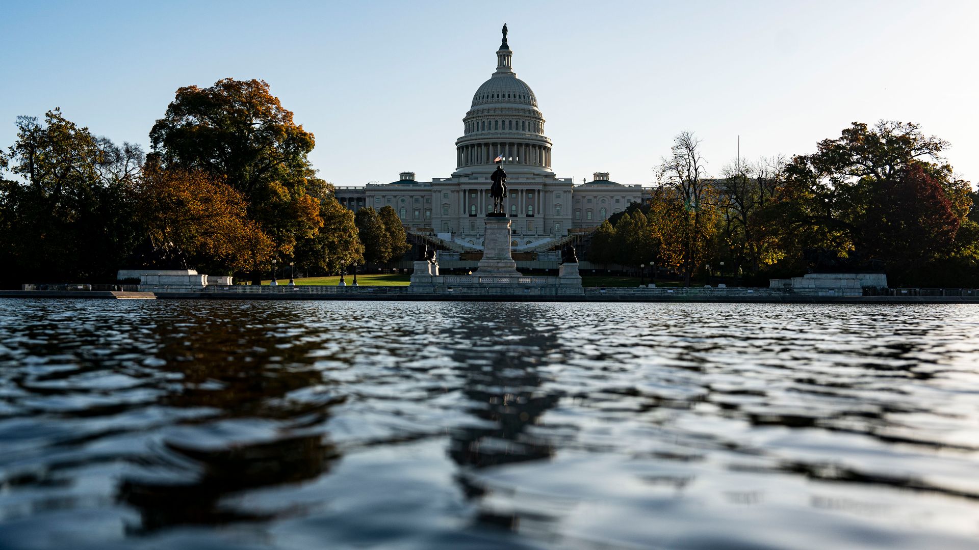 A photo of the Capitol Reflecting Pool, with the dome of the U.S. Capitol in the background.