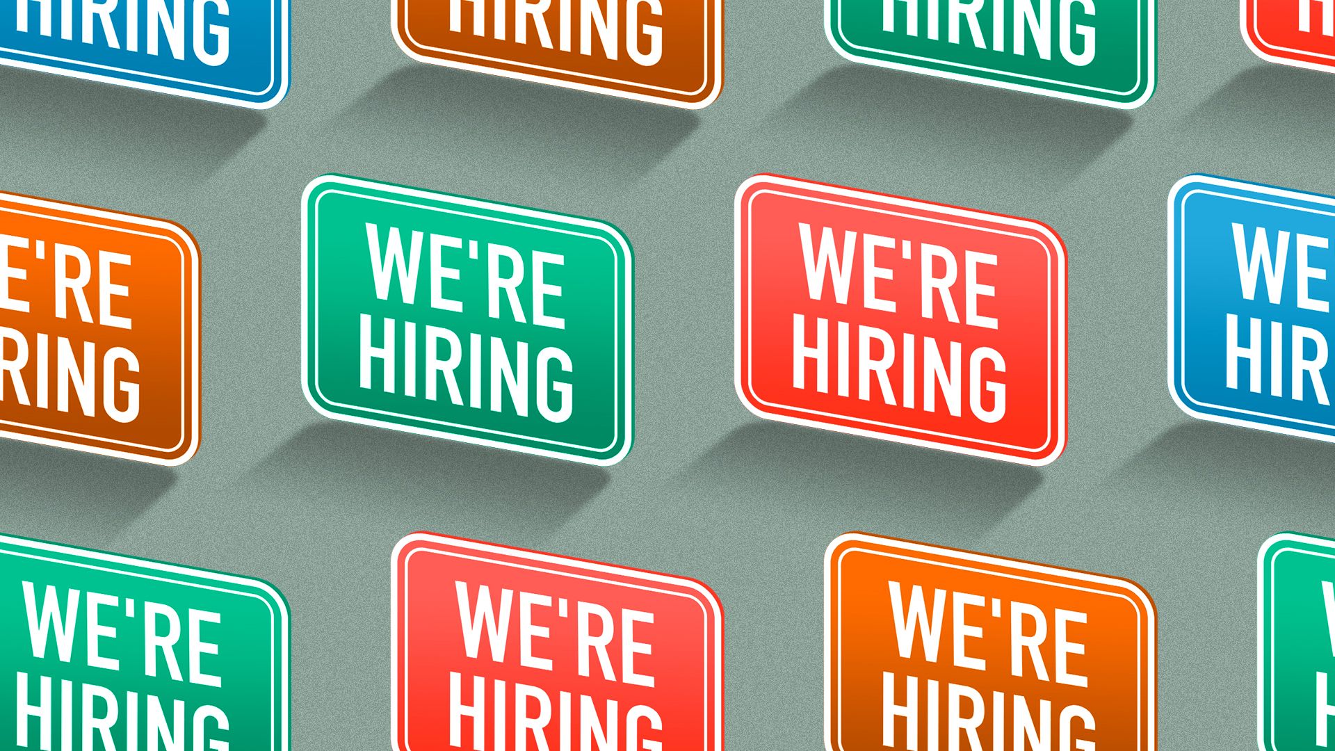 Illustration of a pattern of "we're hiring" signs, in different colors. 