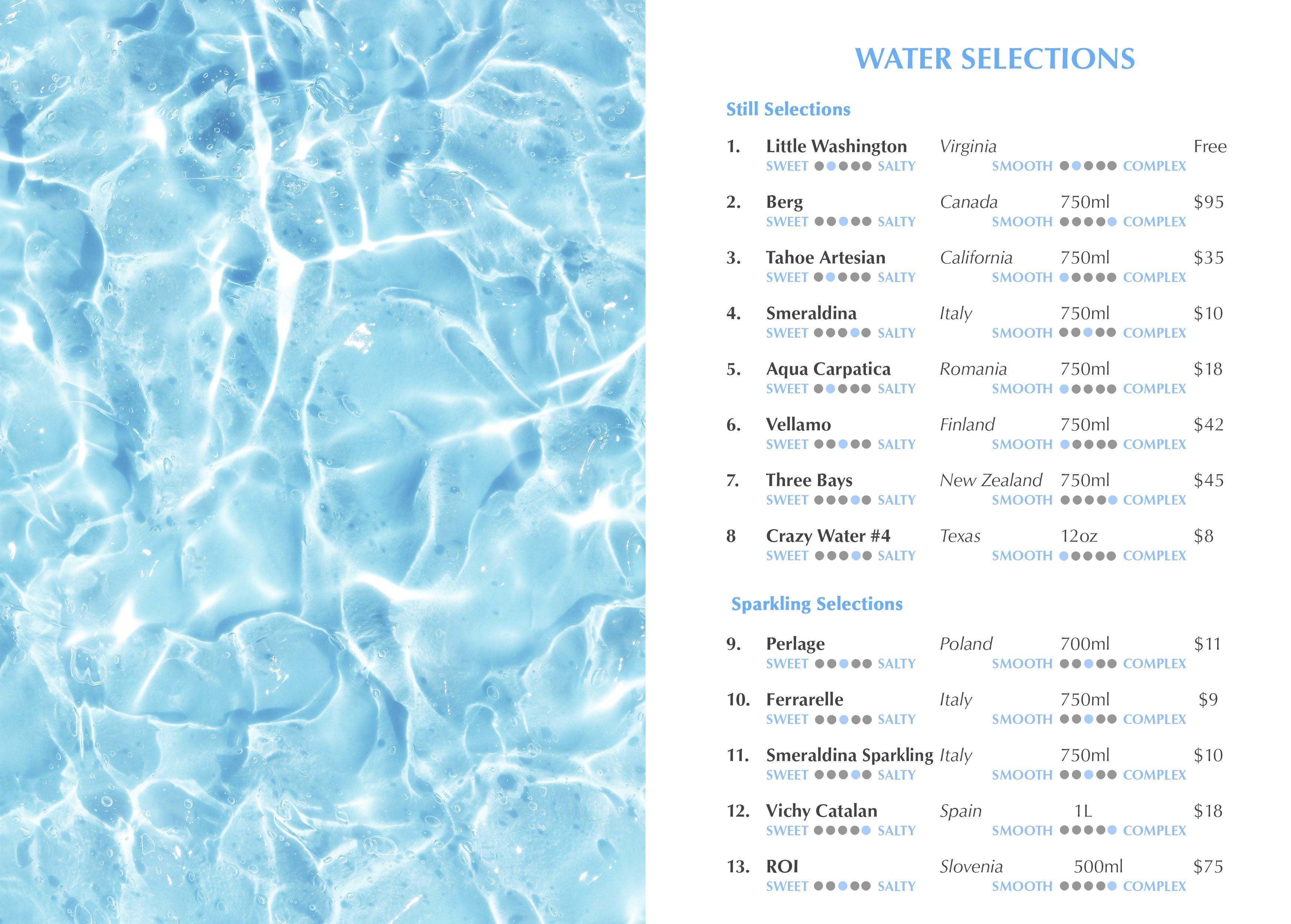 The fine water list.