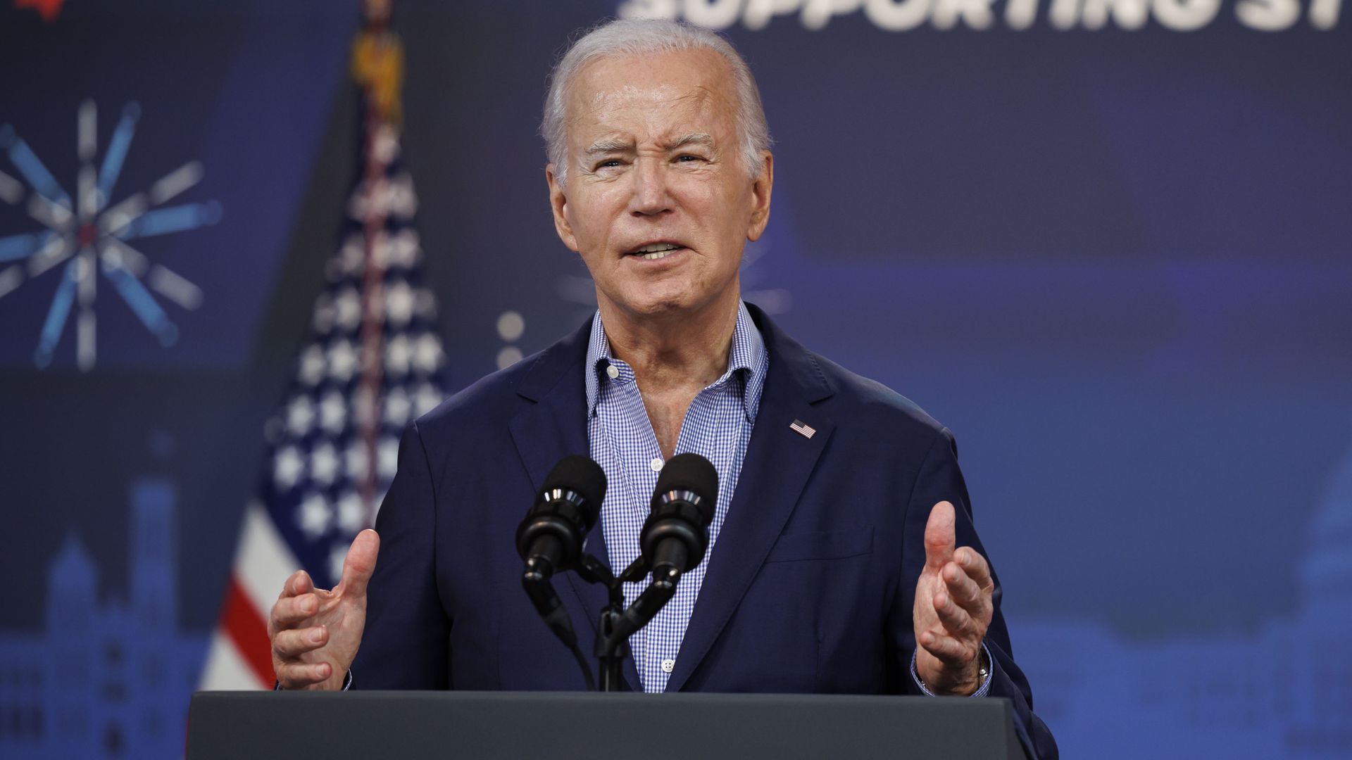 President Joe Biden speaks during a National Education Association event in the Eisenhower Executive Office Building in Washington, DC, US, on Tuesday, July 4.