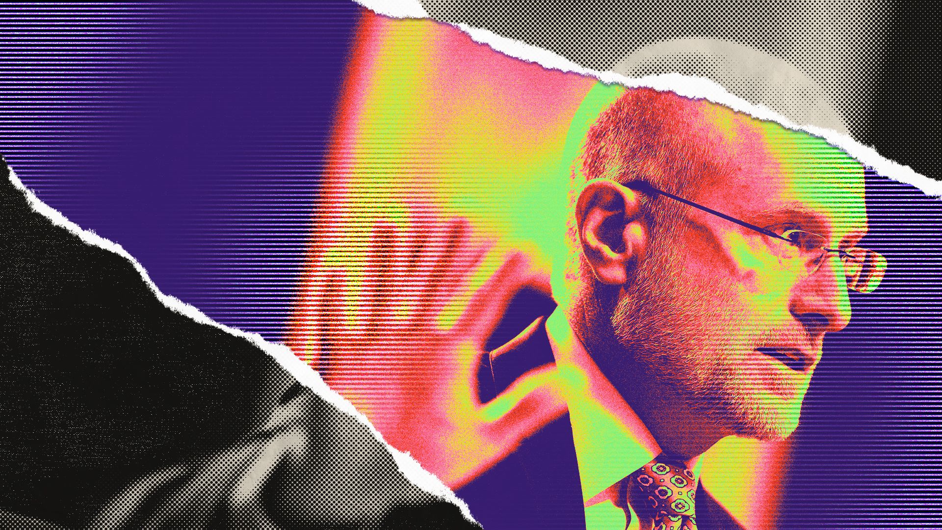 Photo illustration of a print image of Brendan Carr with a tear in it revealing the same image rendered to look like a digital screen below the paper.