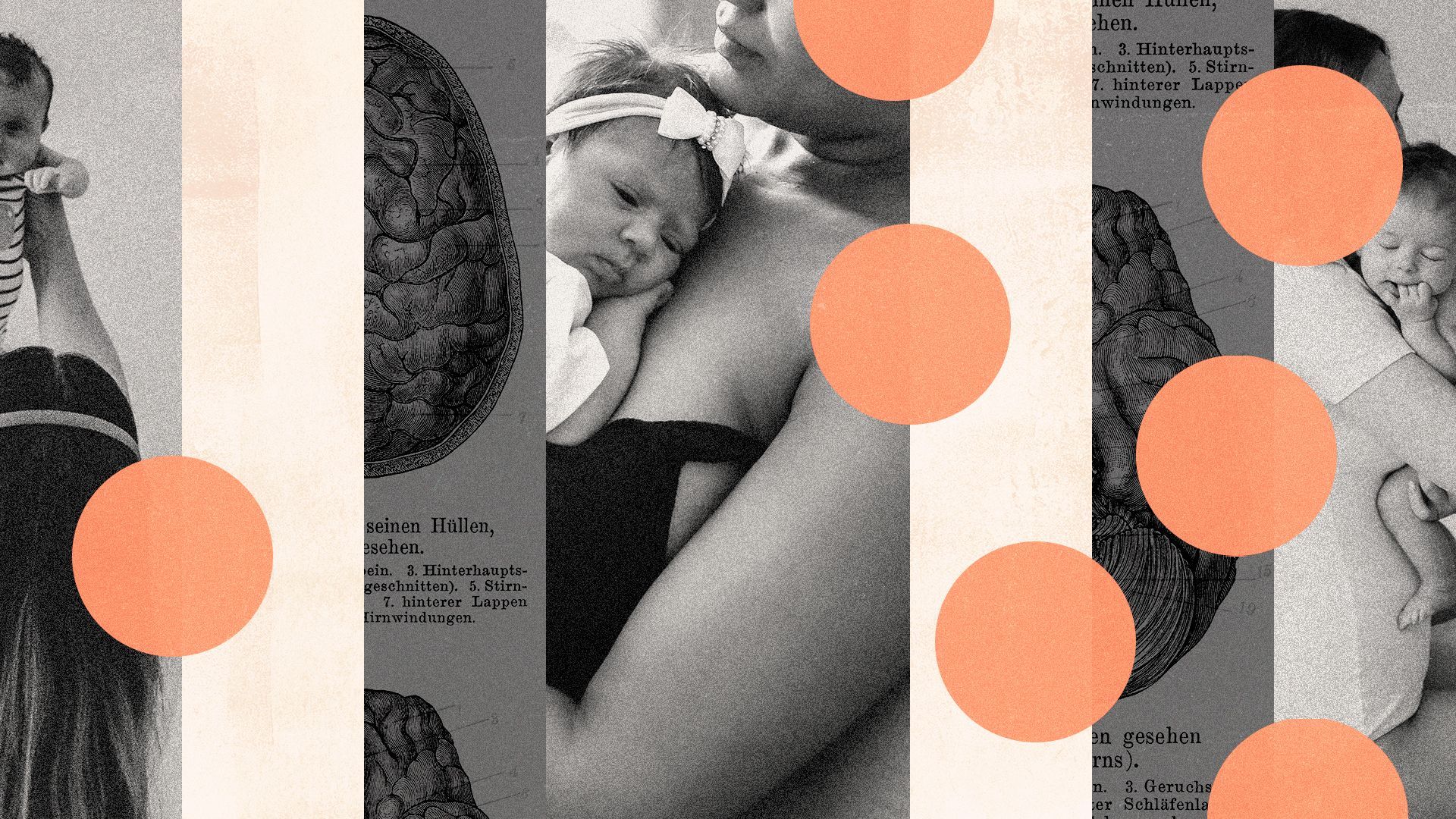 an collage of mothers with their children, medical illustrations of brains and circles 