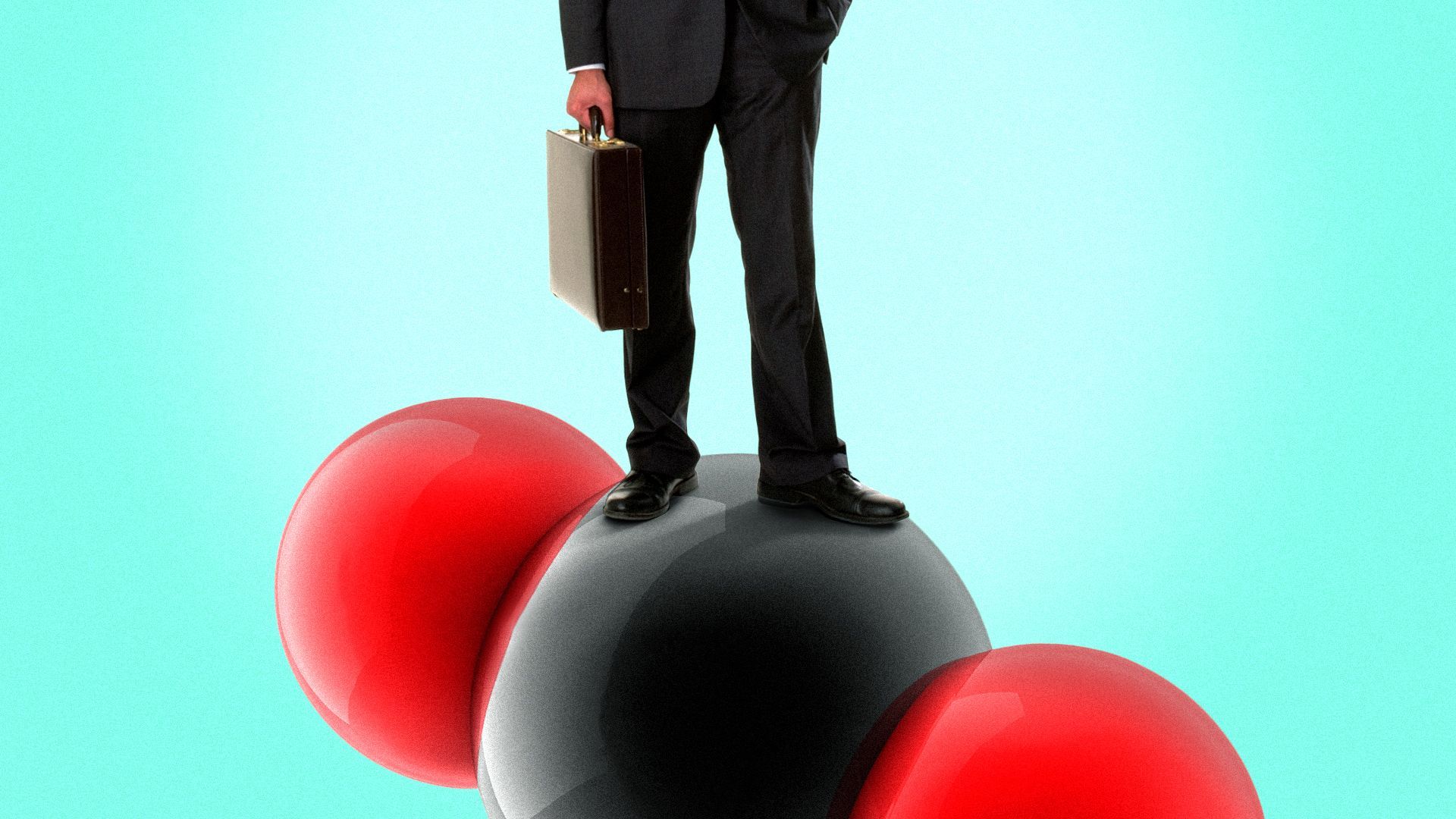 Illustration of a man with a briefcase standing on a carbon dioxide molecule.