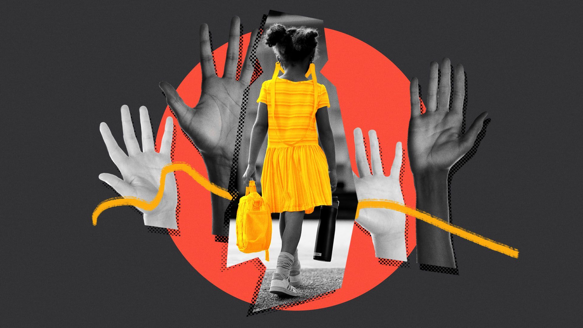 Photo illustration of a little girl walking to school with student's hands raised in the air