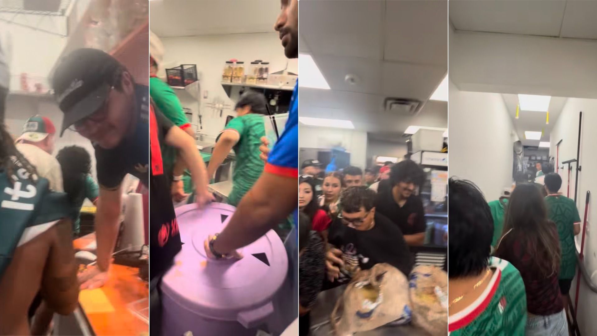 Four-panel collage of a crowded indoor scene with shoppers. Left shows a person leaning over a counter; middle panels show hands grabbing items near shelves; right shows a busy hallway with more people and bright fluorescent lights.