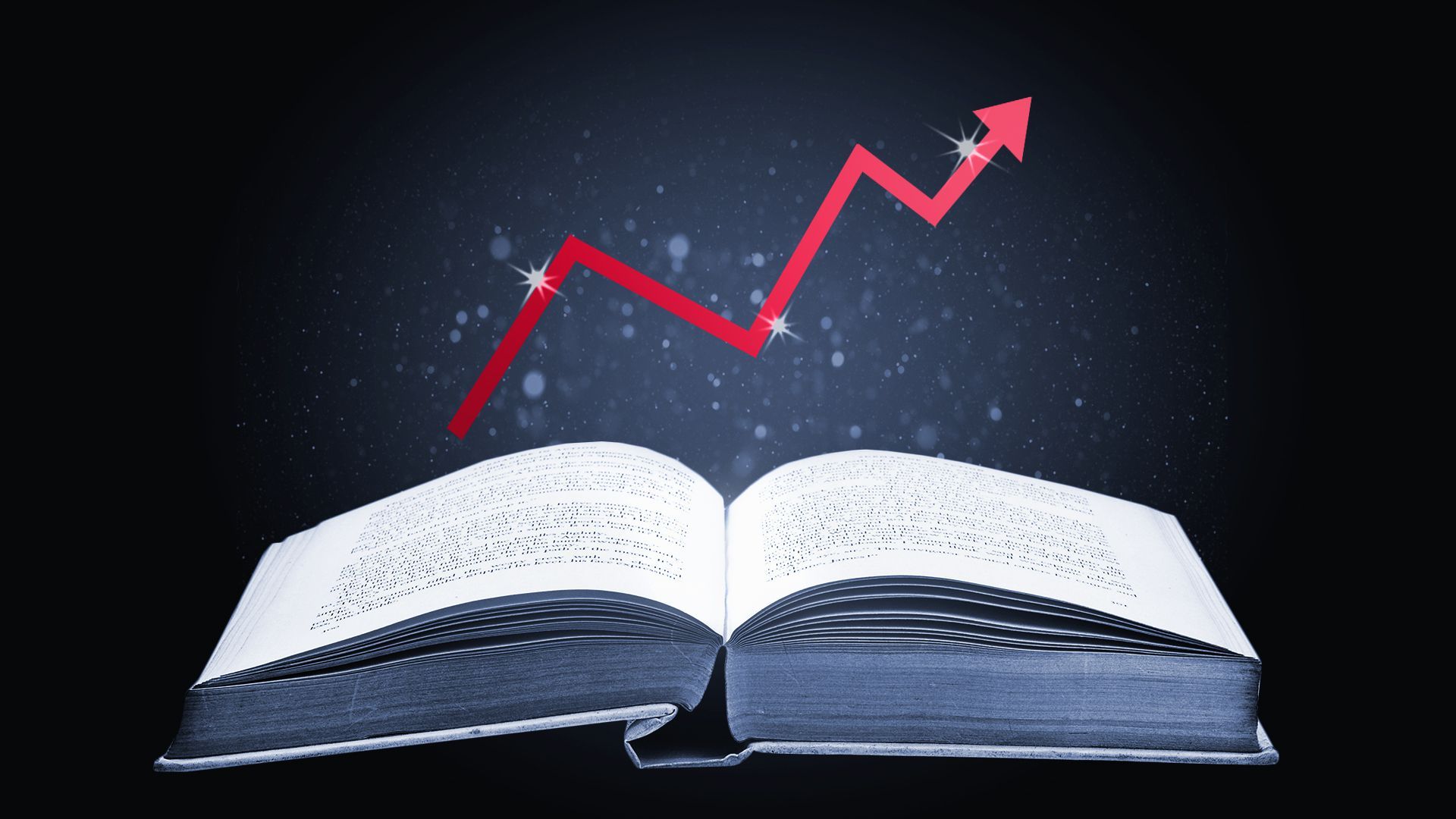 Illustration of an open storybook under a floating upward trend line surrounded by sparkles