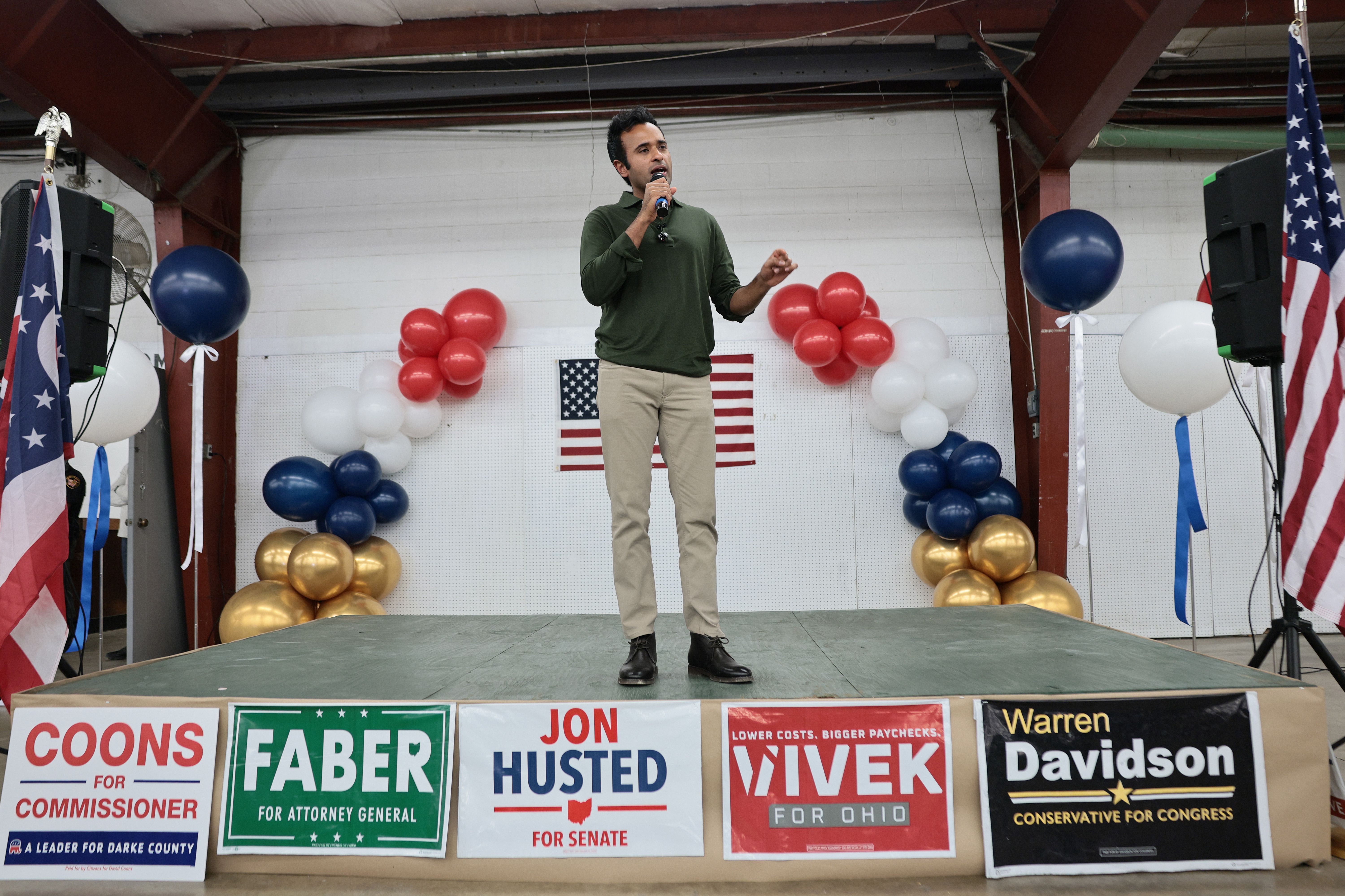 Ohio Republican gubernatorial candidate Vivek Ramaswamy speaks at a campaign event in Greenville, Ohio, on Sunday.