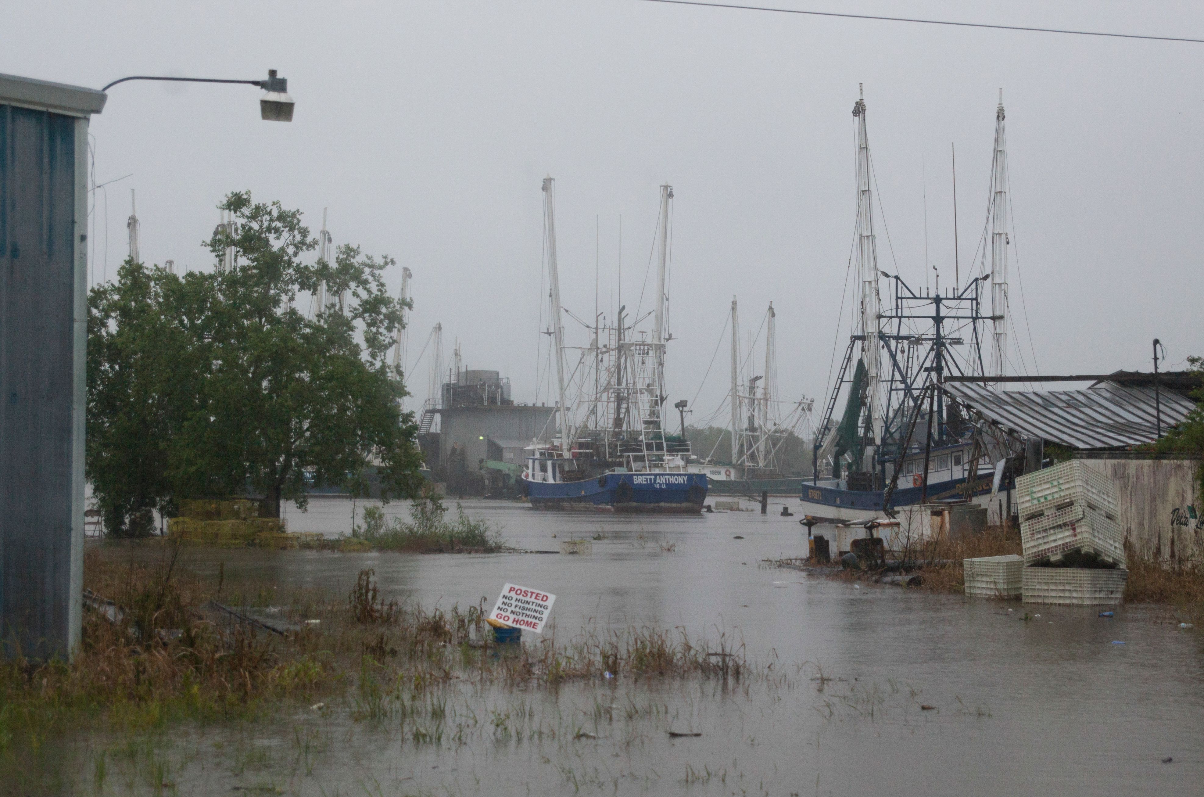 A port floods as Tropical Storm Barry makes landfall in Intracoastal City, Louisiana on July 13.