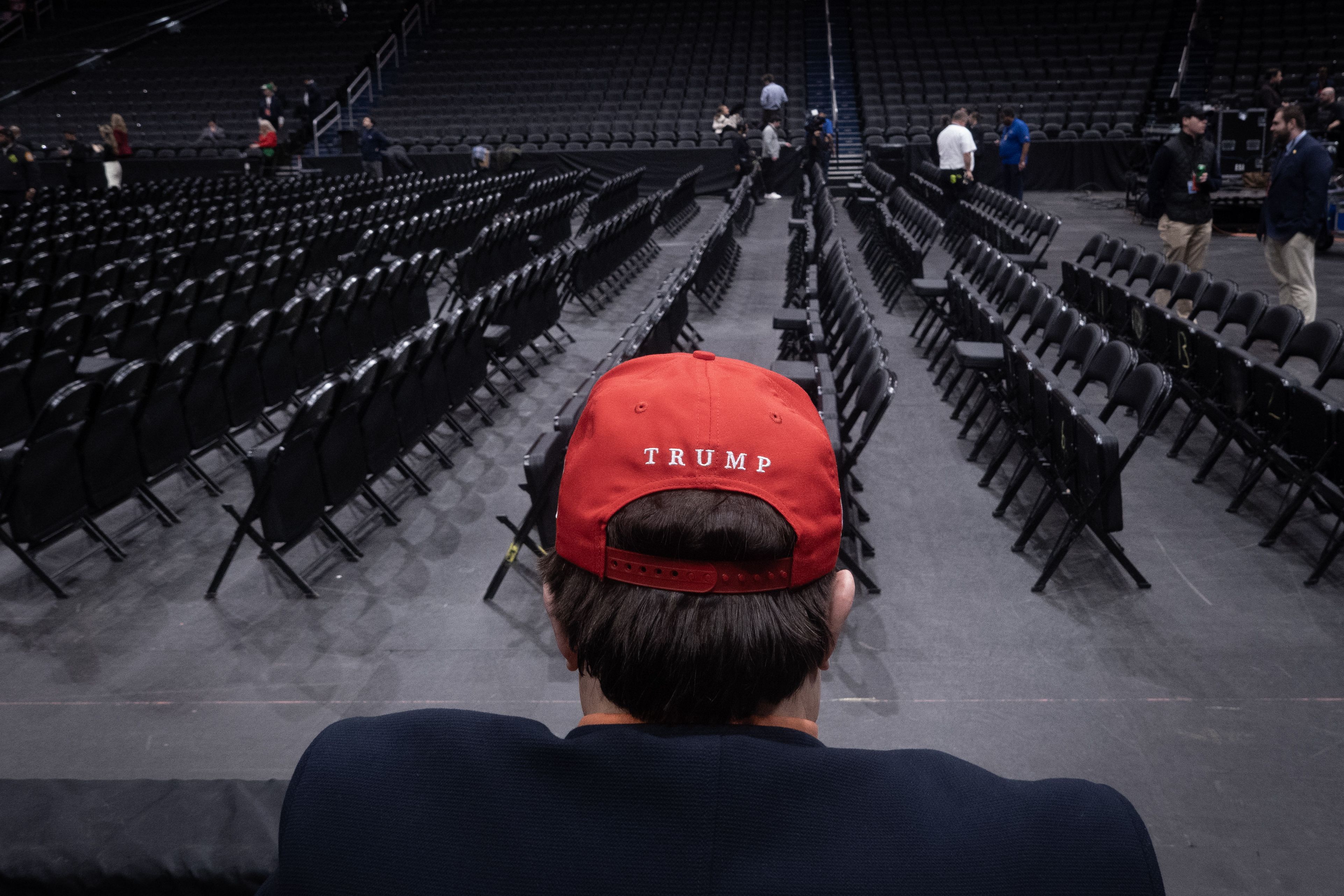 A photo of someone wearing a "TRUMP' hat in Capitol One Arena in Washington, D.C.