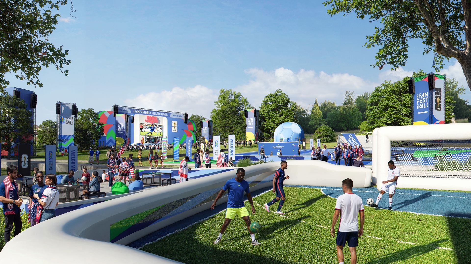 Outdoor "Fan Festival" scene with a large colorful stage, banners, crowds, and a blue replica soccer field. Players near a white inflatable barrier; green grass, trees, and a bright sky surround the scene.