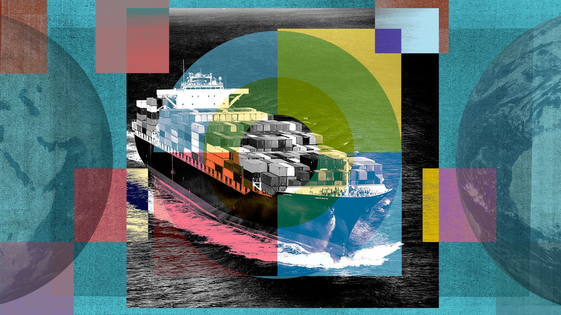 Illustration of a vessel with shipping containers and the earth. 