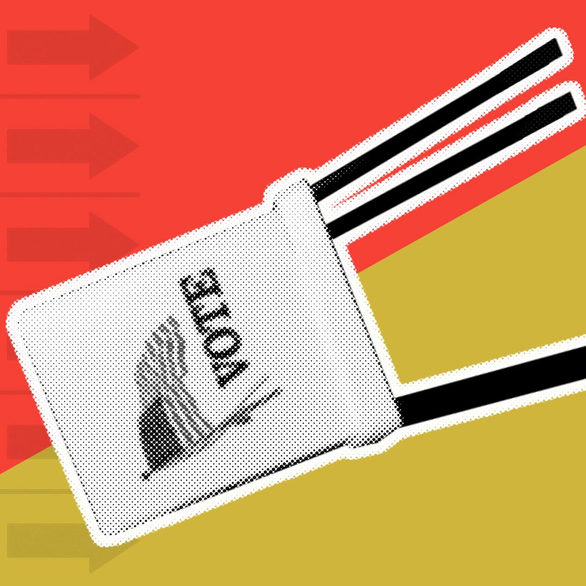 Illustration of a falling voting booth against a background with abstract ballot elements.