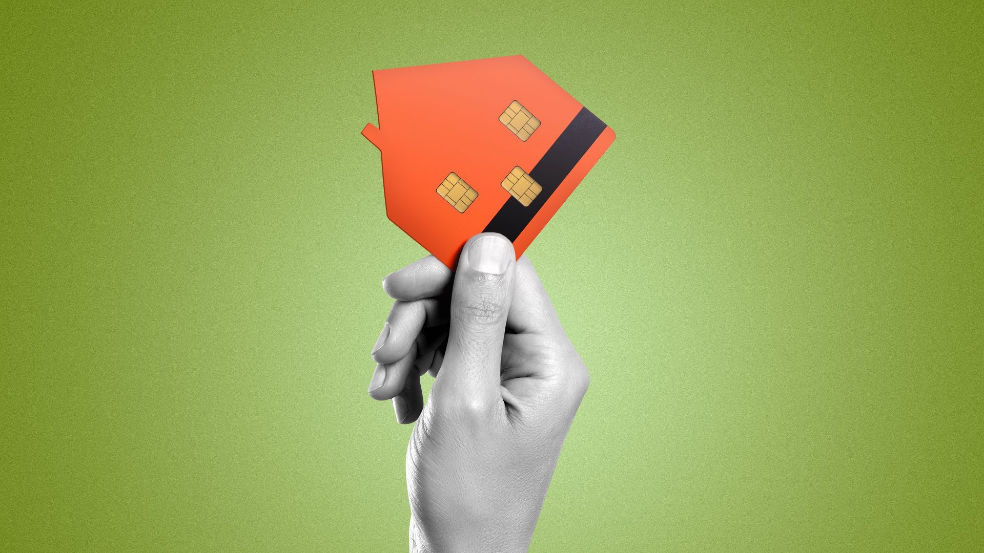 Illustration of a hand holding a credit card shaped like a house with the chips forming windows and a door.