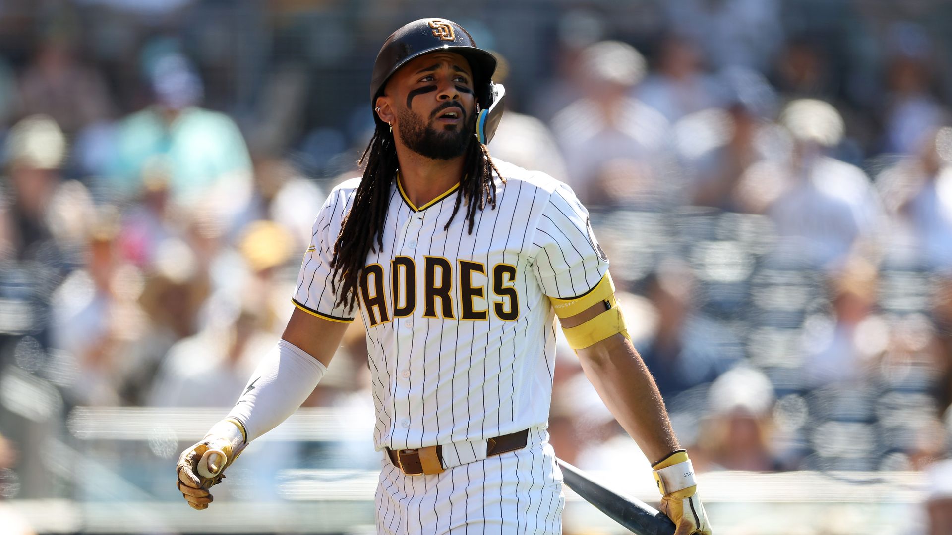 SAN DIEGO, CALIFORNIA - JULY 29: Fernando Tatis Jr. #23 of the San Diego Padres looks on after striking out during the seventh inning of a game against the Colorado Rockies at Petco Park on July 29, 2026 in San Diego, California. (Photo by Sean M. Haffey/Getty Images)