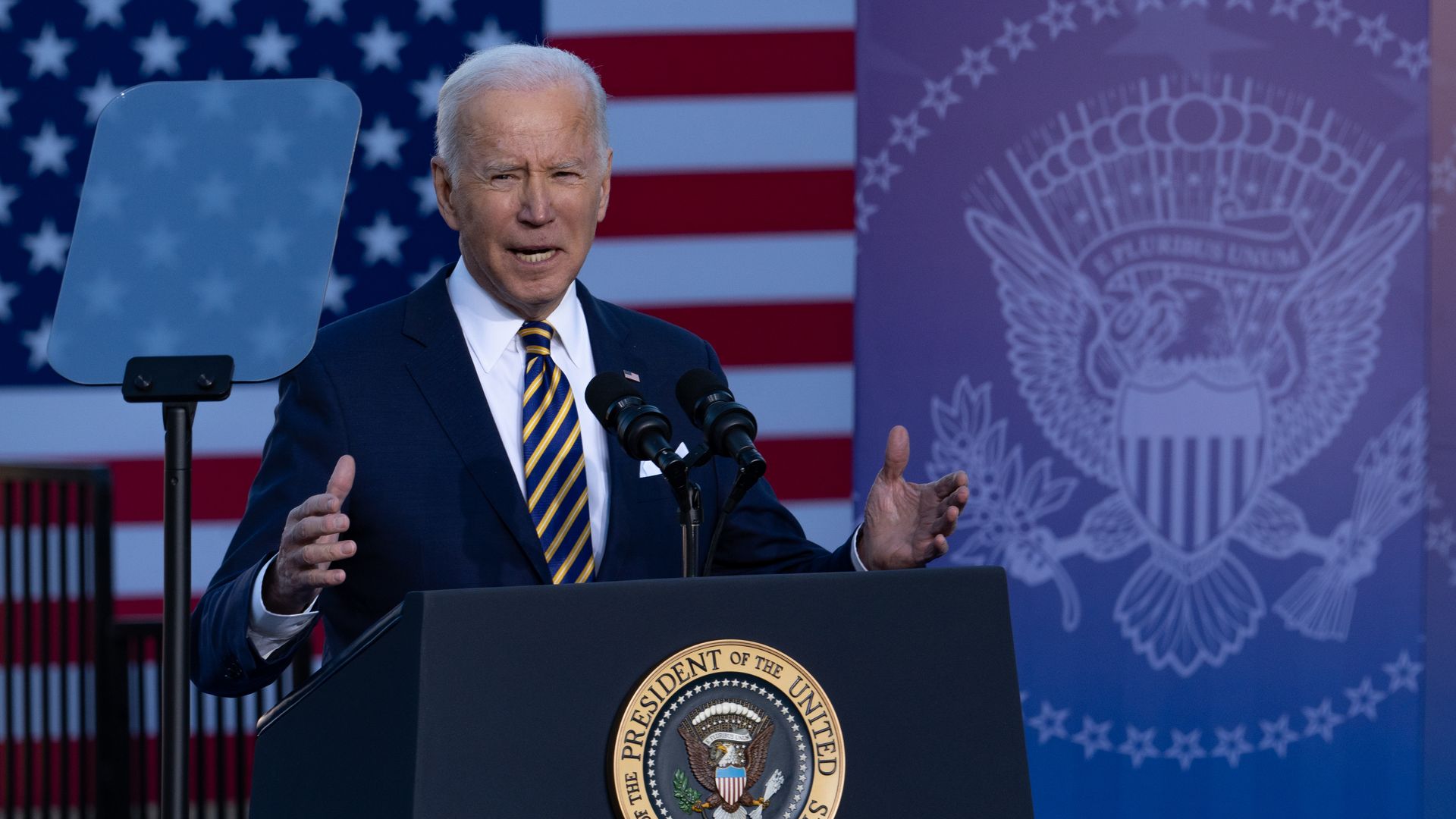   President Joe Biden speaks to a crowd at the Atlanta University Center Consortium, part of both Morehouse College and Clark Atlanta University on January 11, 2022 in Atlanta, Georgia. 