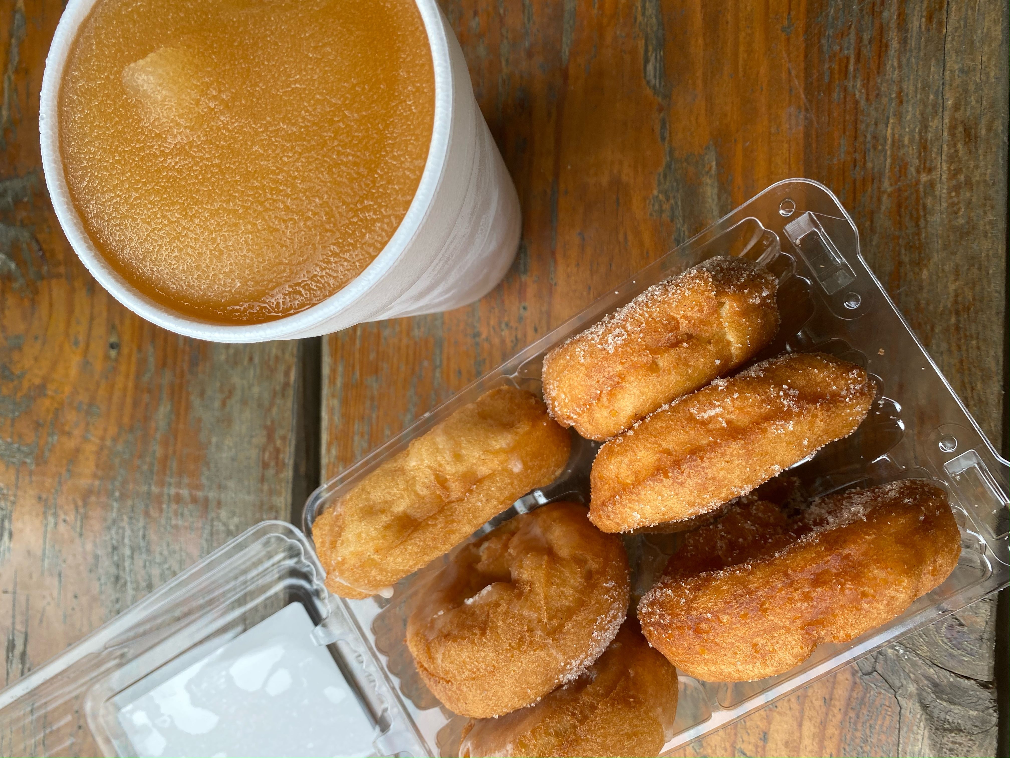 apple cider donuts and a slushie from Apple Hill Orchard 