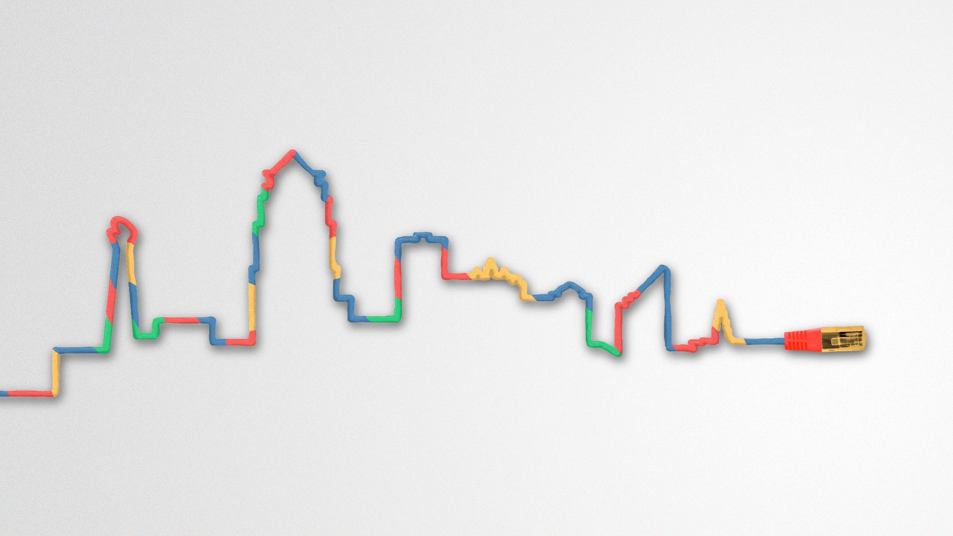 Illustration of an internet cable tracing the shape of the Des Moines skyline.