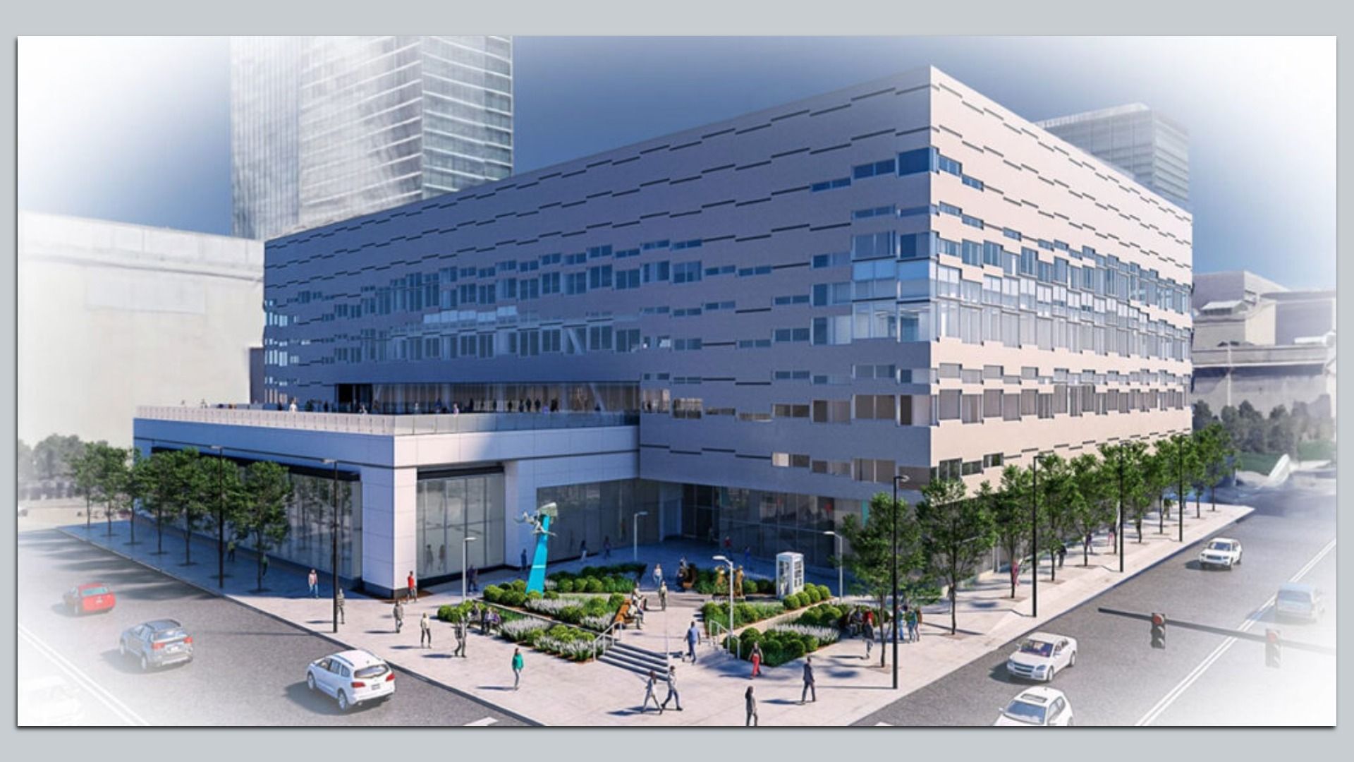 Rendering of a plaza outside rectangular building with Superman statue 