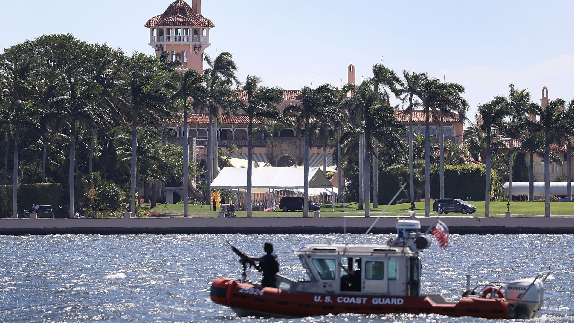 A Coast Guard boat patrols in front of the Mar-a-Lago Resort in April 2017.
