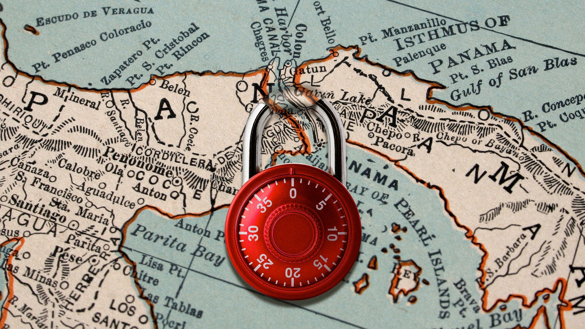Illustration of a combination lock locked around a map of the Panama Canal.