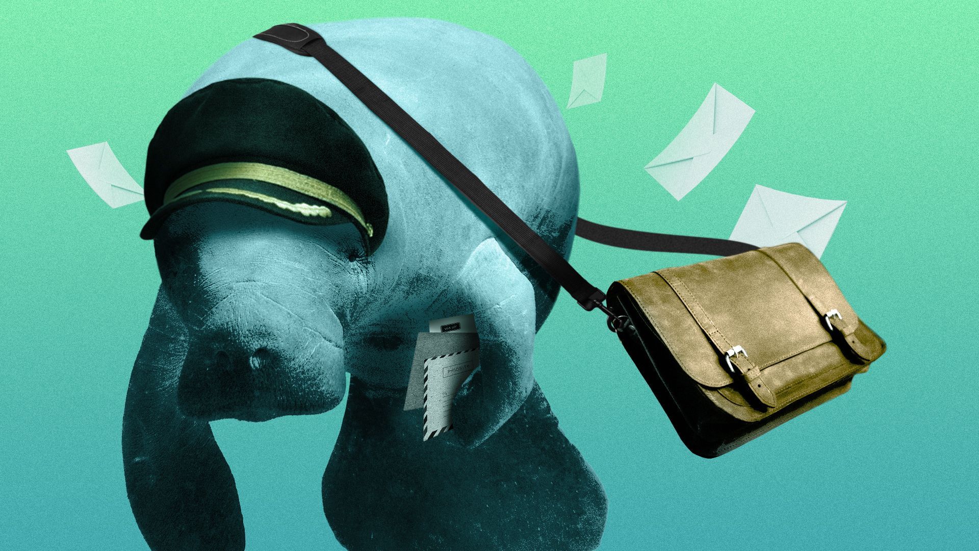 Illustration of a manatee wearing a mailman hat and carrying letters and a mail bag.