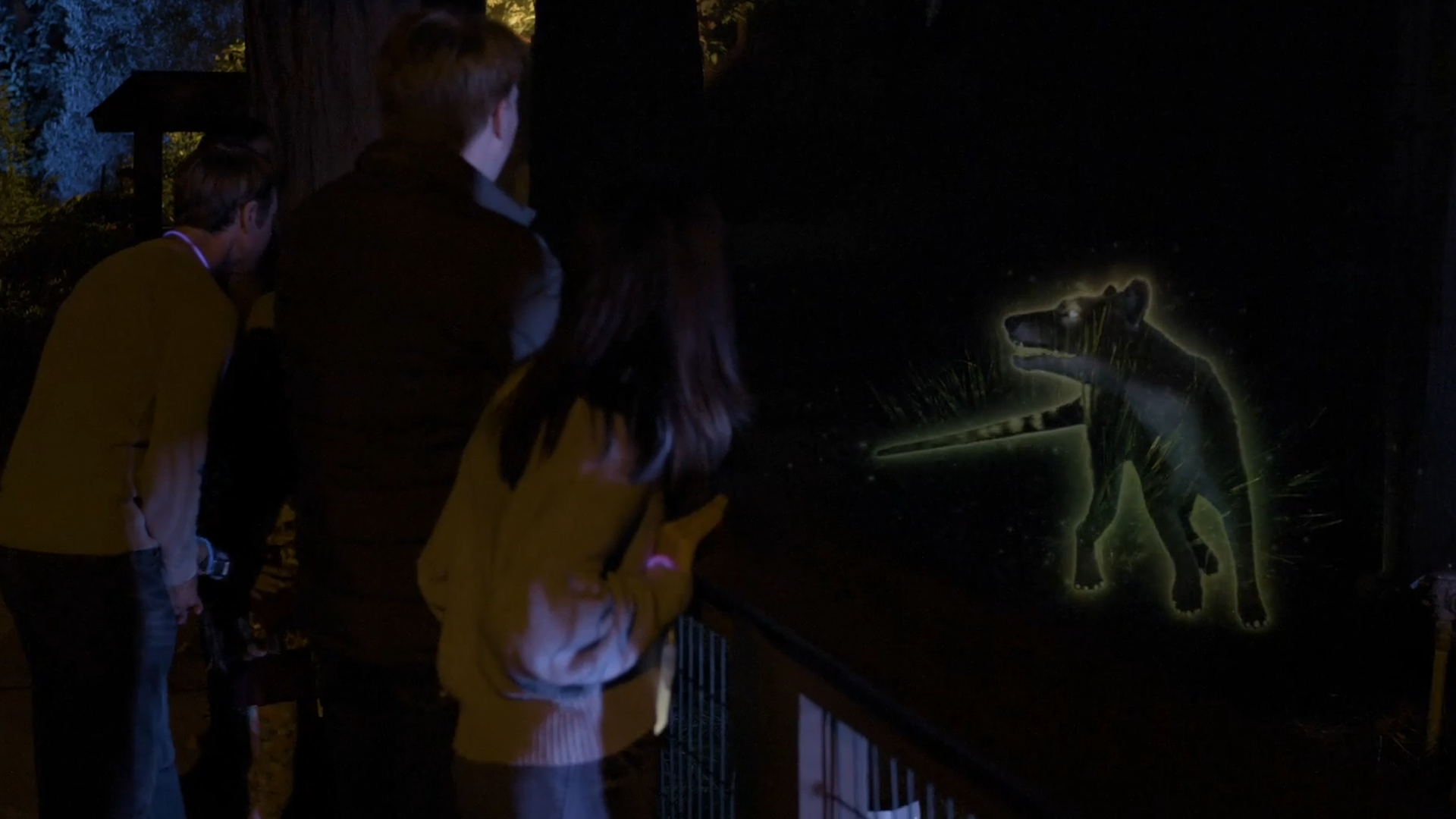 Zoo visitors look at a digital projection of an extinct cat. 